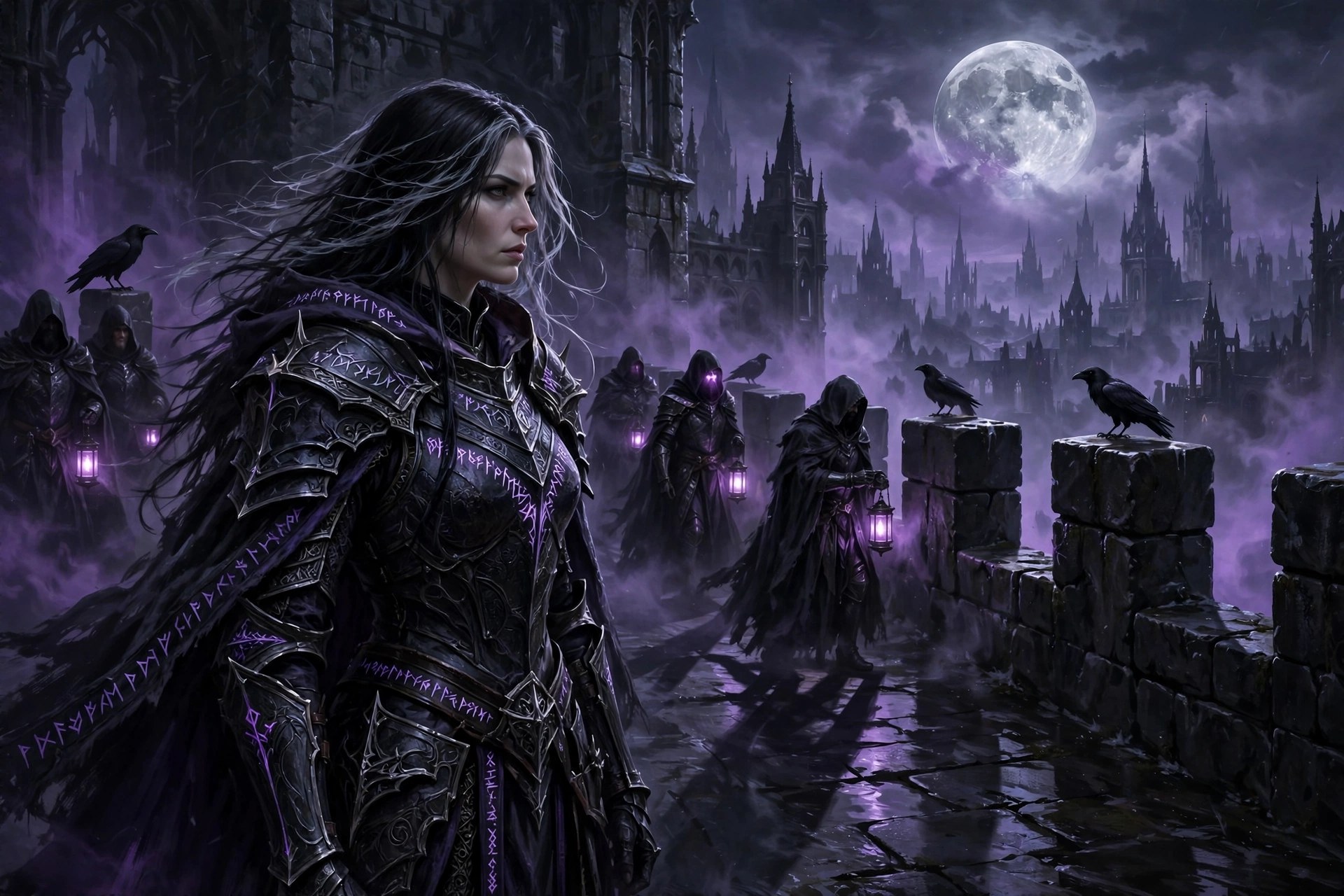 AI-generated dramatization art: wardens with violet lanterns patrolling the battlements of Veyrhold at night