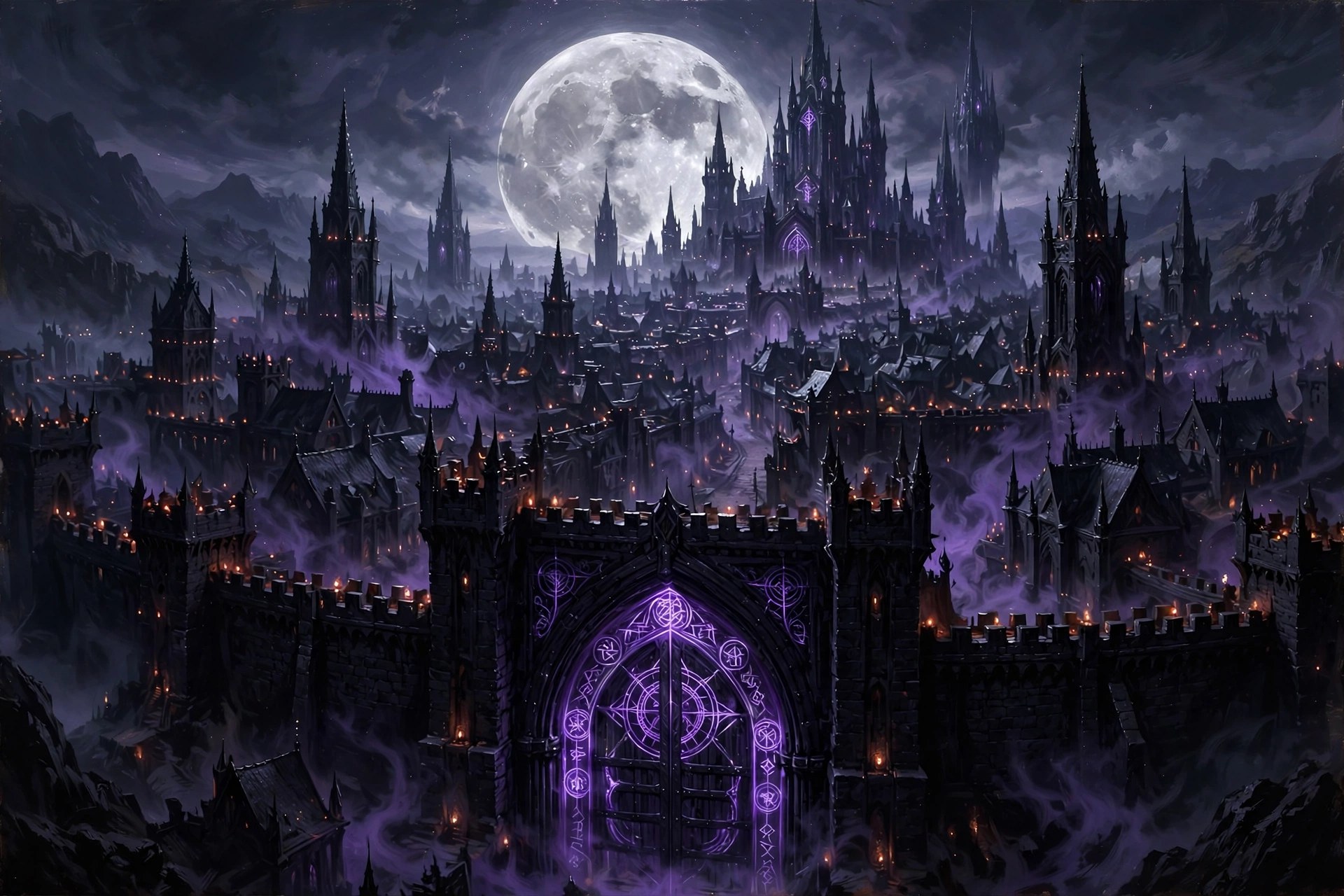 AI-generated dramatization art: the ancient gothic walled city of Veyrhold at night under a full moon, violet mist in the streets
