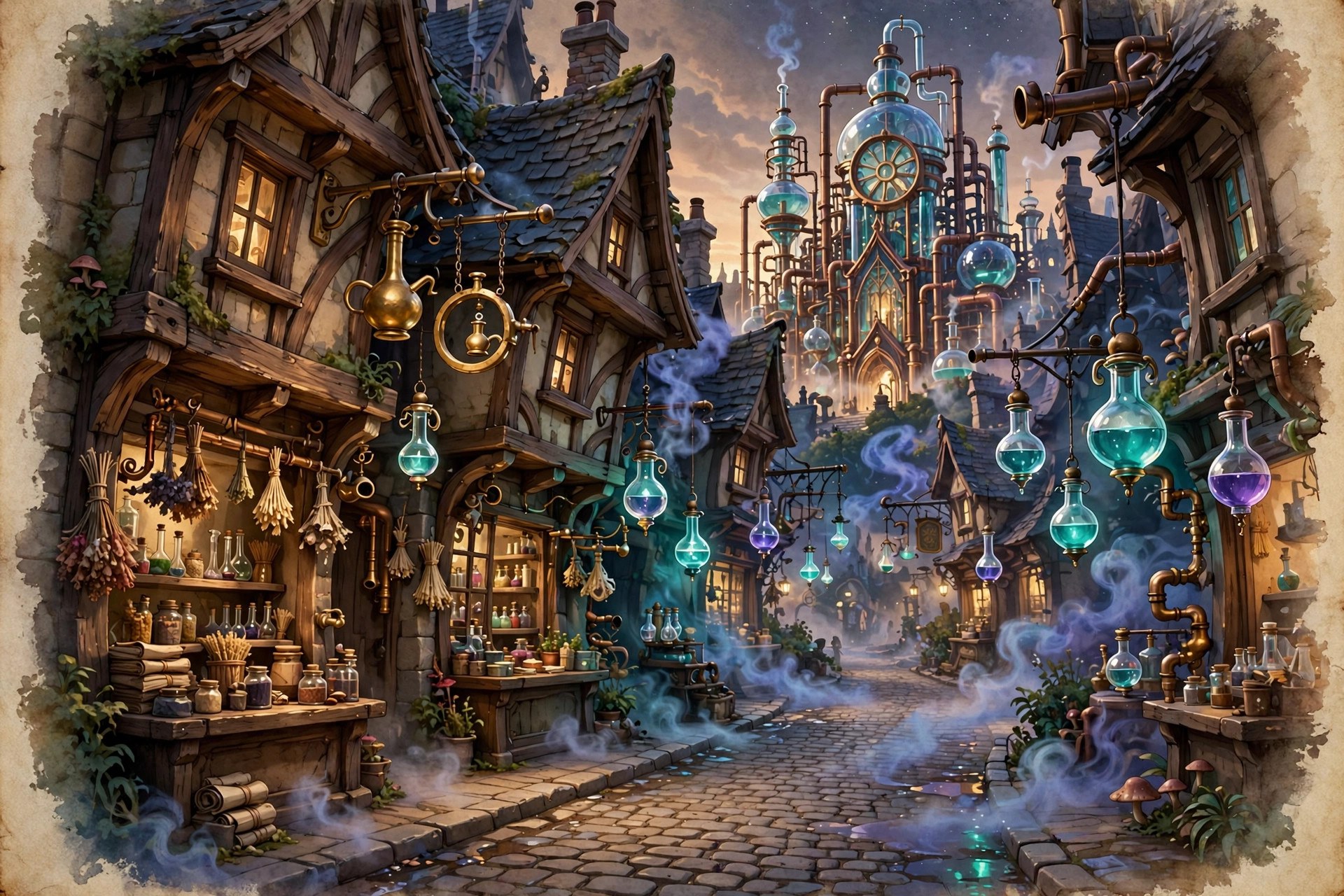 The Alchemy Quarter of Vesperine at dusk: apothecary shops with glowing teal and violet phial-lanterns