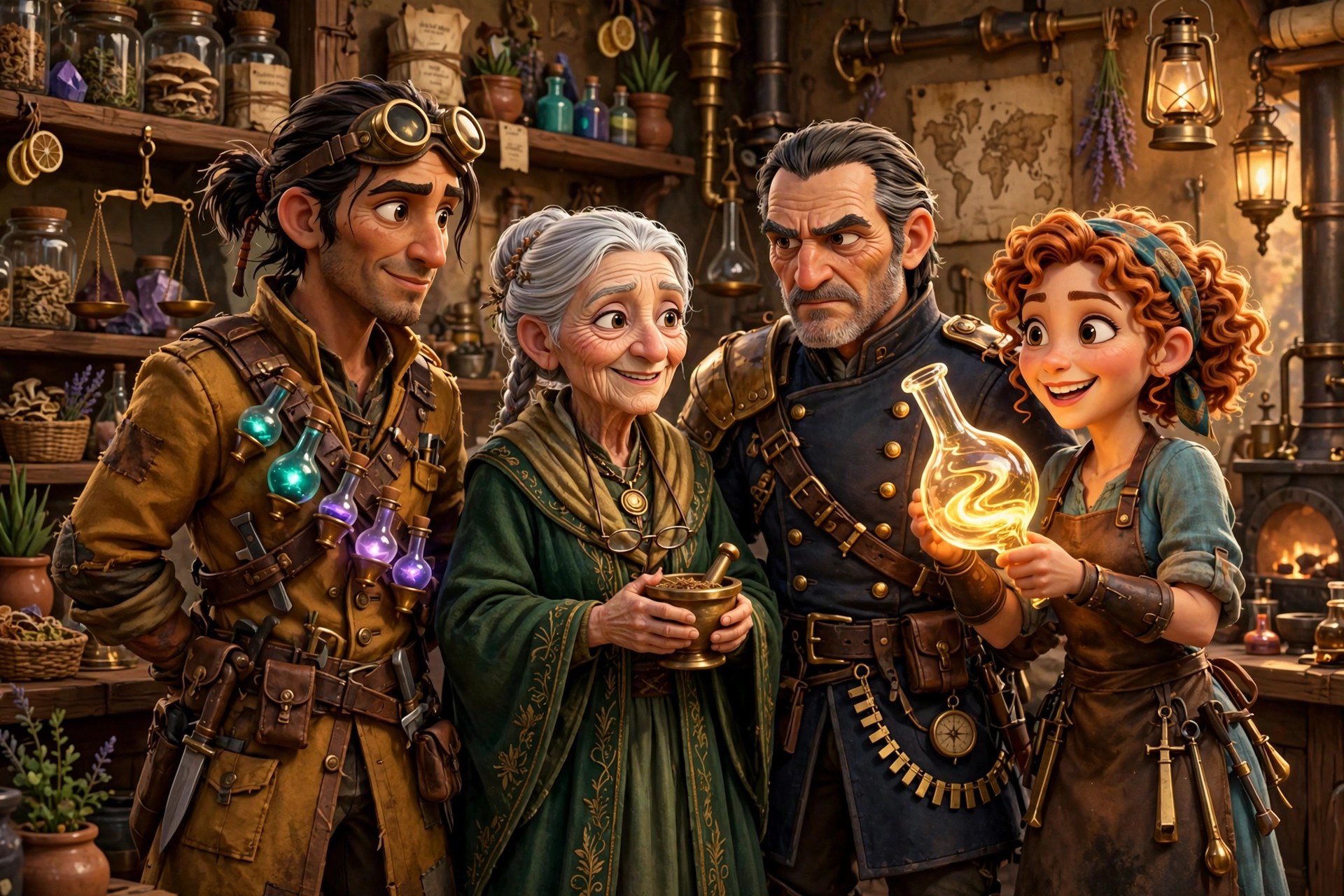 Orin Calder with his allies: master apothecary Voss, Captain Holt, and glassblower Marchetti