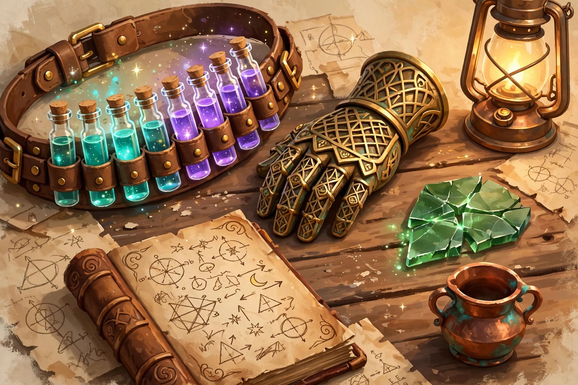Still life of Orin's artifacts: bandolier of seven phials, brass catalyst gauntlet, green glass shard, ledger