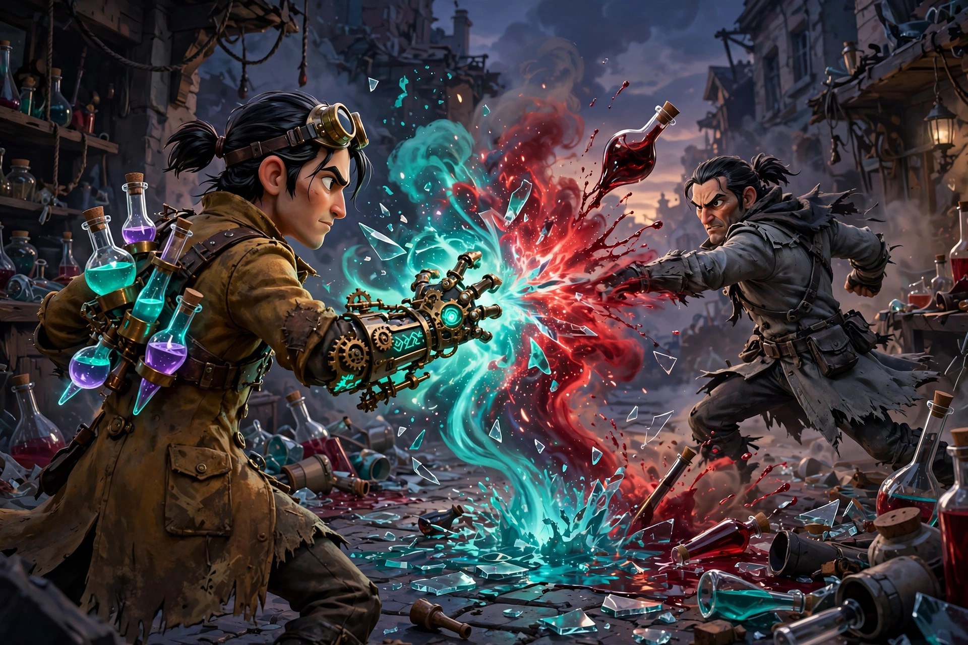 Orin Calder dueling a rival chemist-mercenary, teal and violet explosions colliding with crimson ones