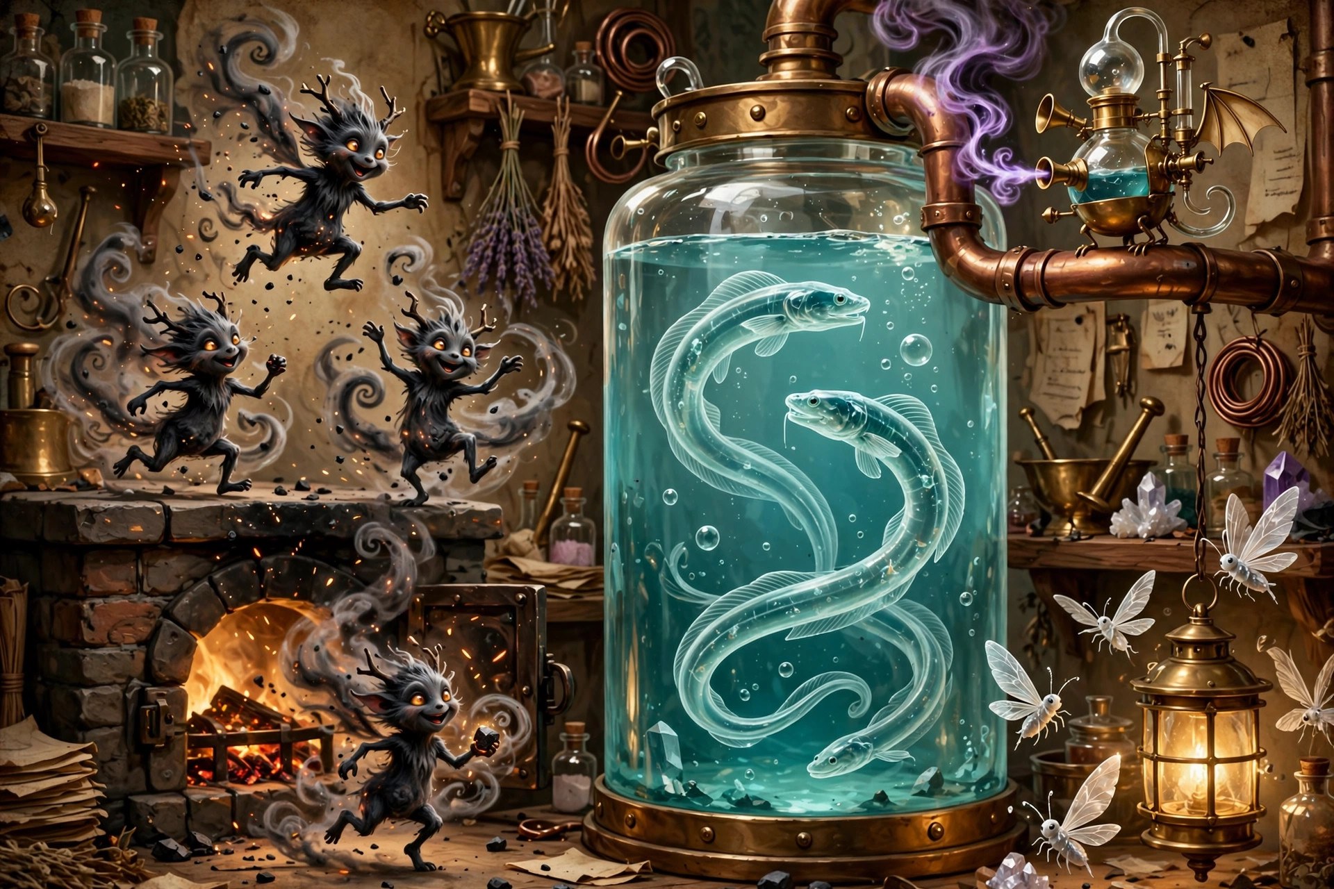 Alchemical creatures: soot-sprites, vitriol eels, a brass alembic drake, and crystalline salt-moths
