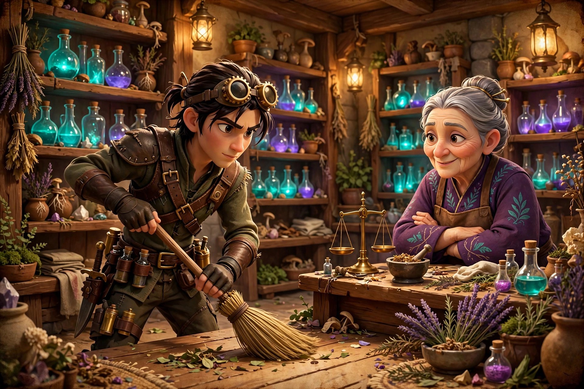 Young Orin Calder as an apprentice sweeping the floor of The Green Flask apothecary shop