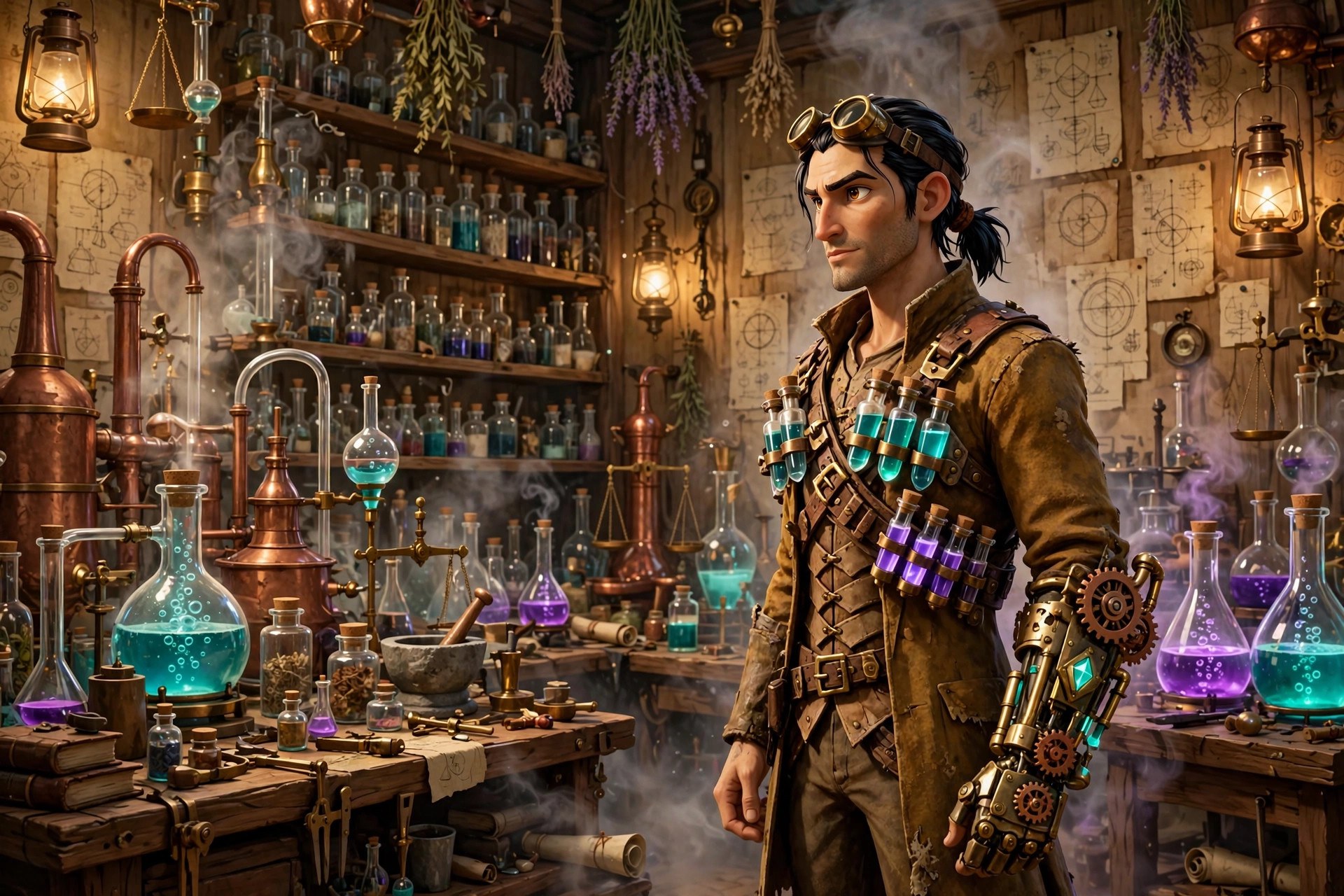 Orin Calder, chemist warrior, standing in his alchemical laboratory among bubbling teal and violet flasks
