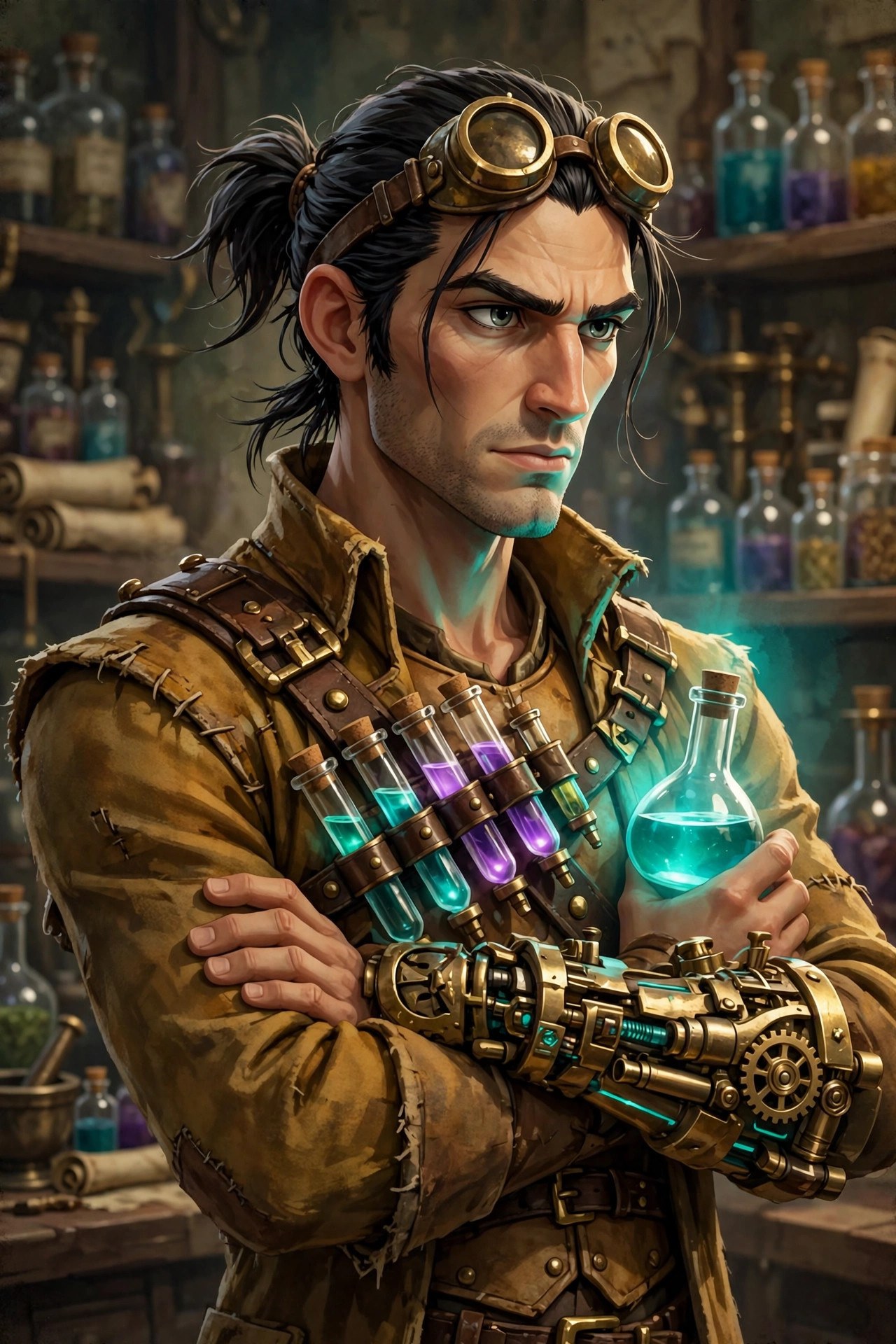 Three-quarter portrait of Orin Calder, arms crossed, teal flask-glow on his face