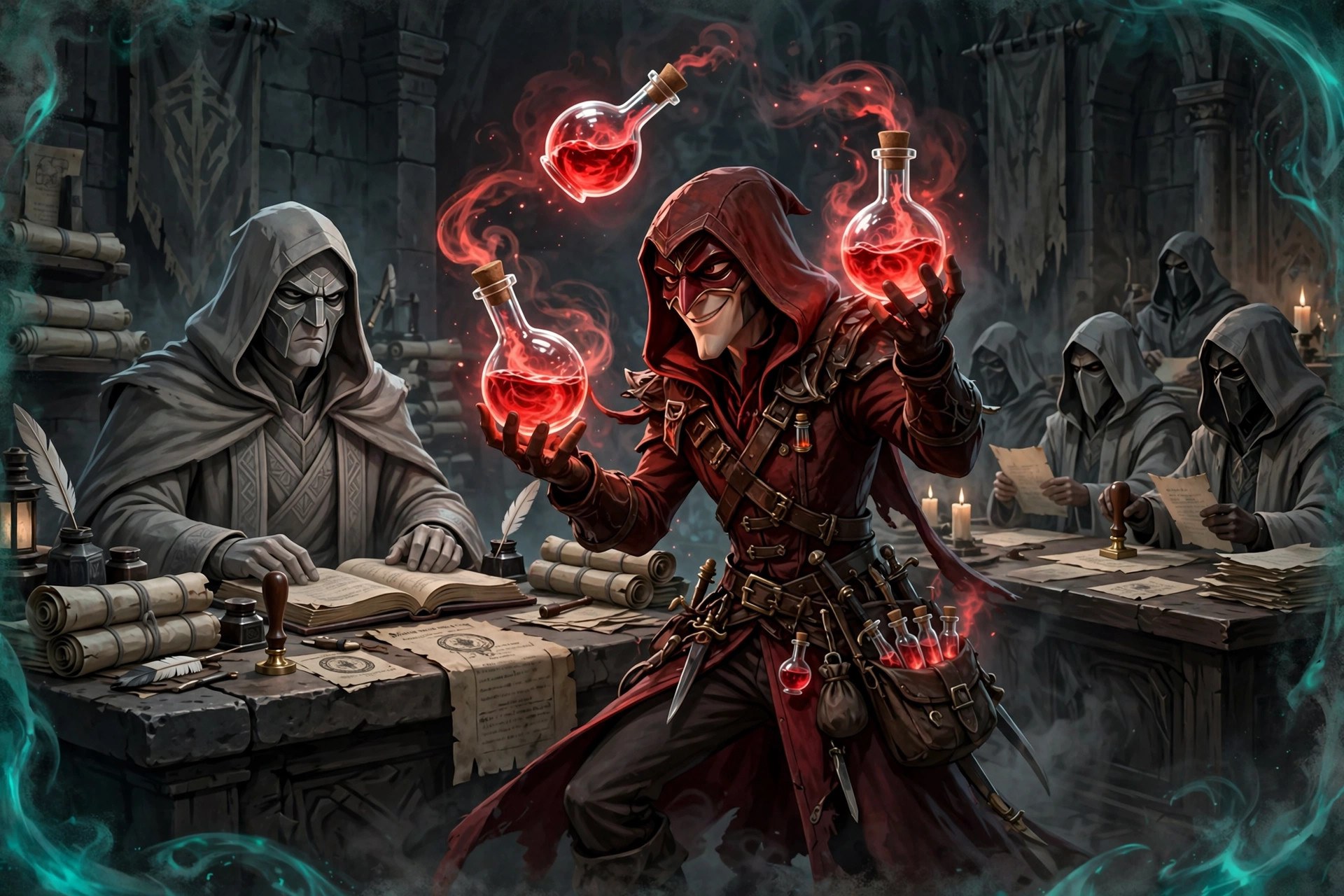 Orin's rivals: a cold censor, a crimson-coated chemist-mercenary, and a shadowy council chamber