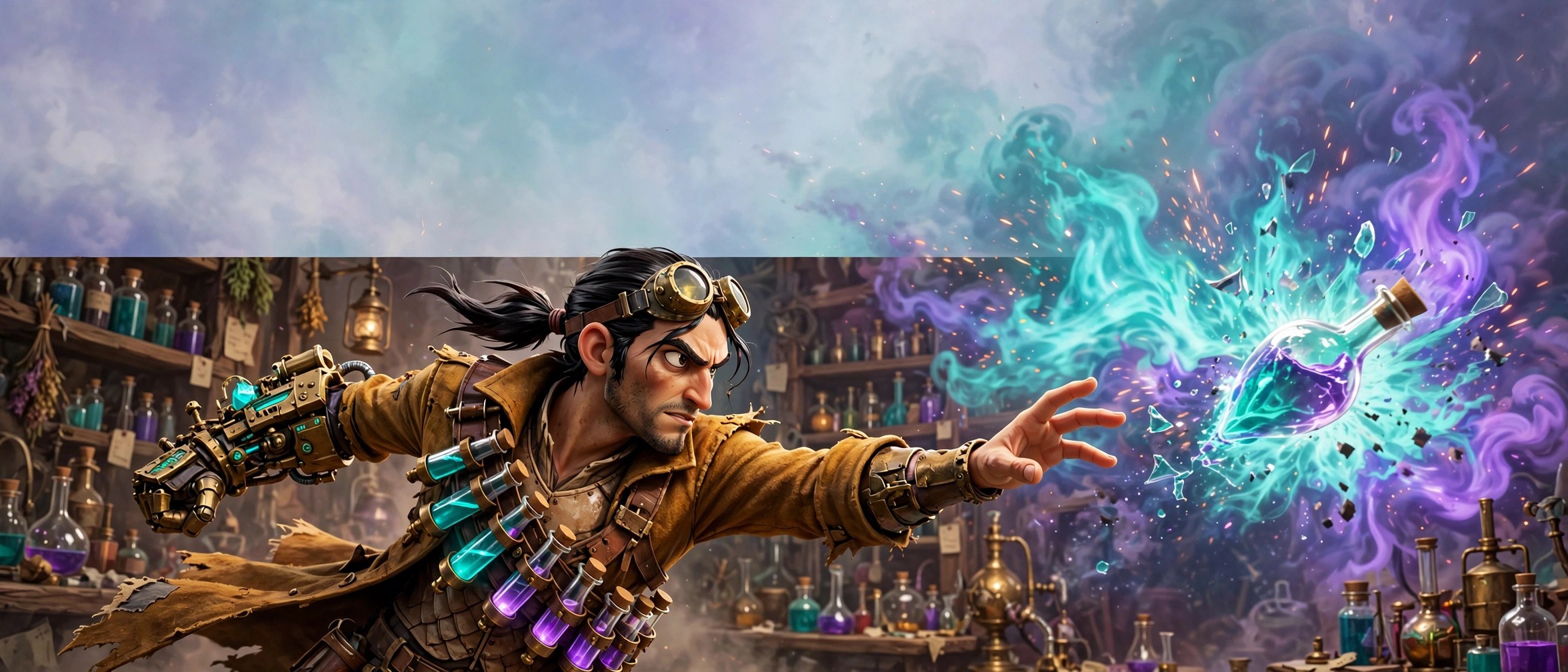 Wide banner: Orin Calder mid-demonstration hurling a glowing phial amid teal and violet chemical fire