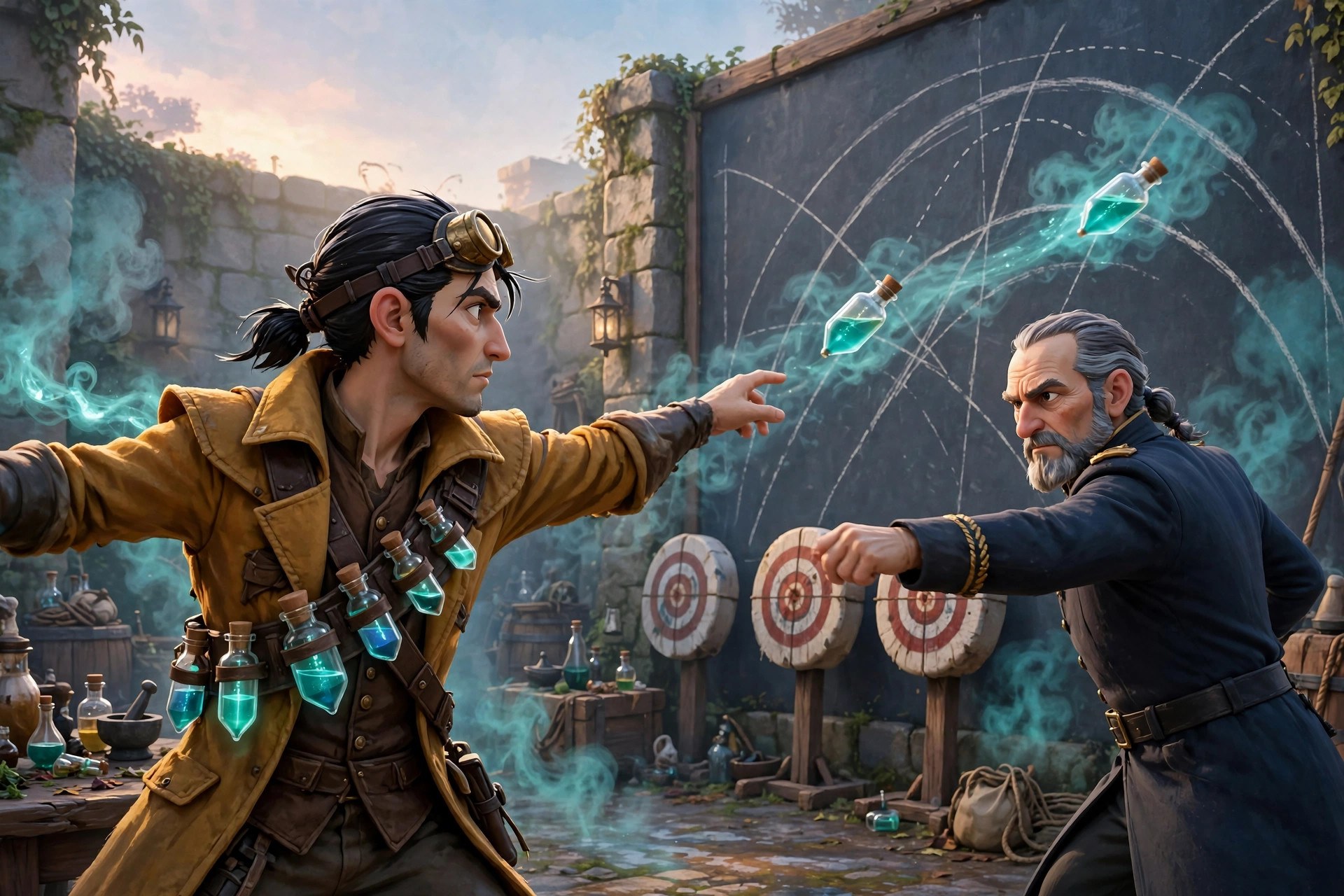 Orin Calder practicing phial-throws at target dummies in the Phialguard training yard at dawn