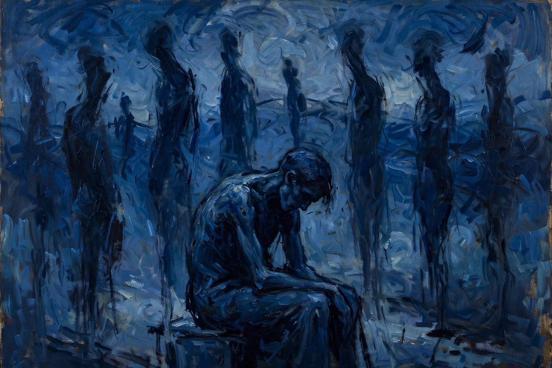 AI-generated abstract illustration in deep blues evoking the mood of Picasso's Blue Period — not a reproduction of any artwork