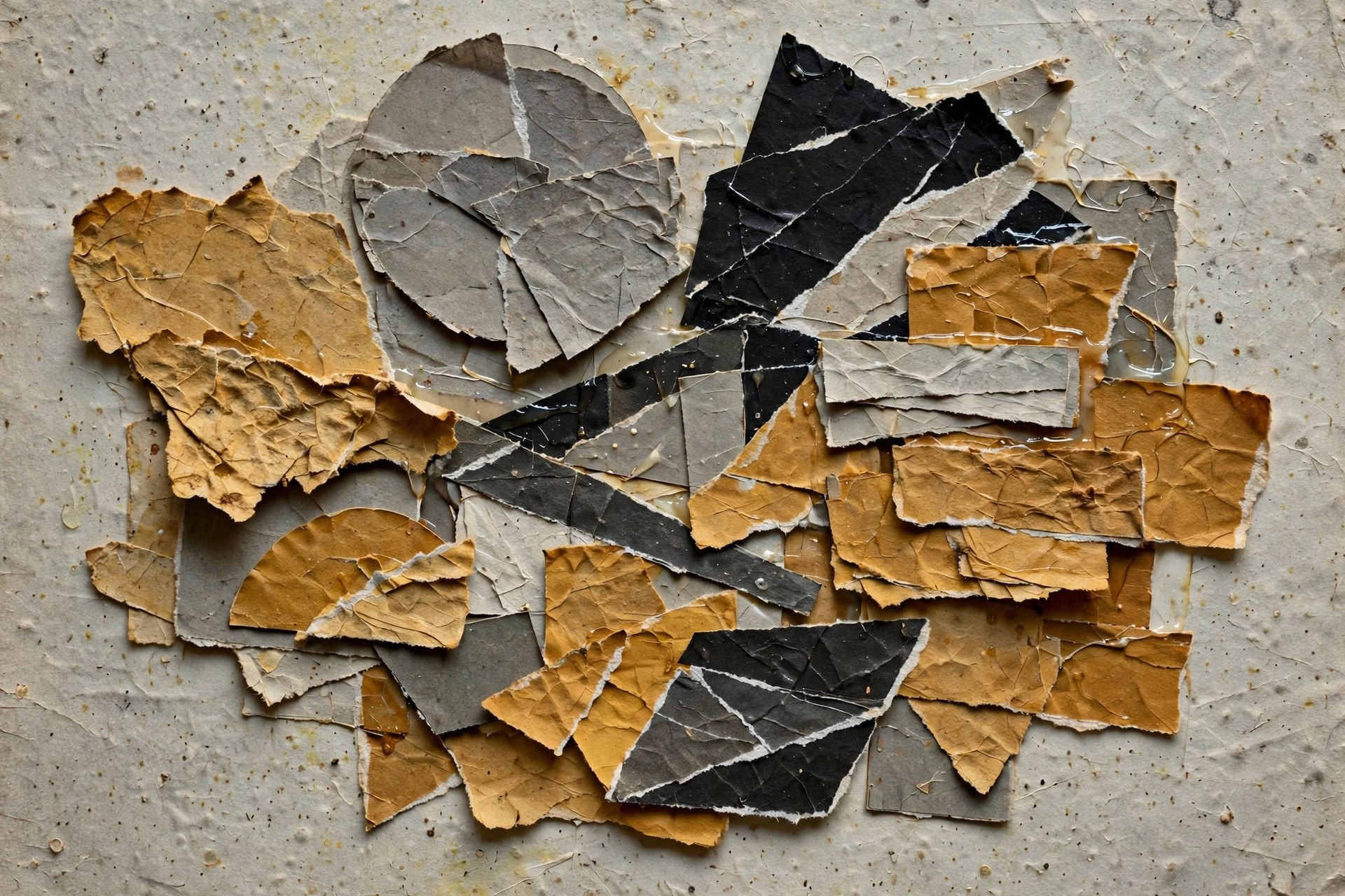 AI-generated abstract illustration of torn paper, newsprint and geometric shapes — a collage-style composition