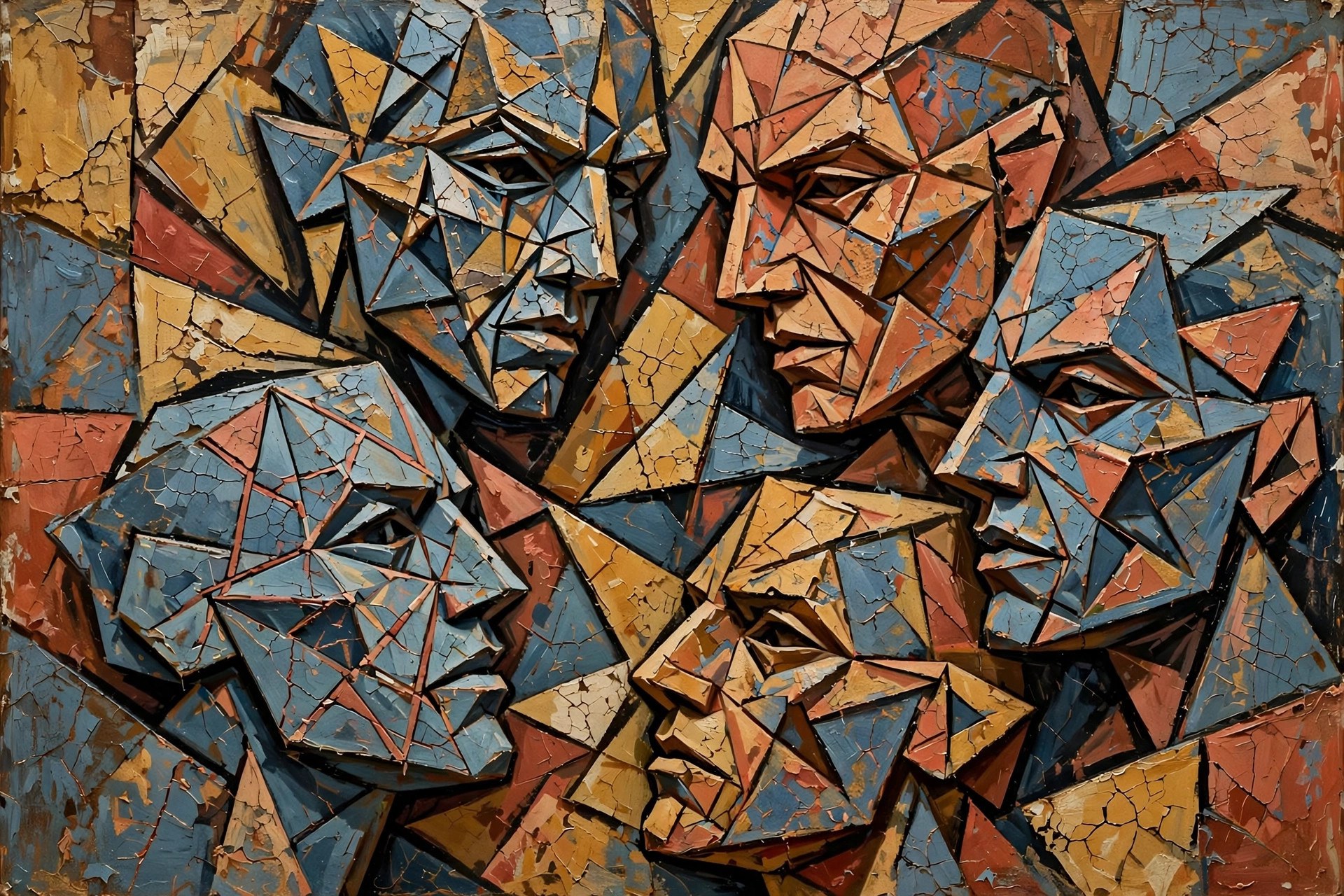 AI-generated abstract illustration of fractured faces and planes evoking the shock of Les Demoiselles d'Avignon — not a reproduction