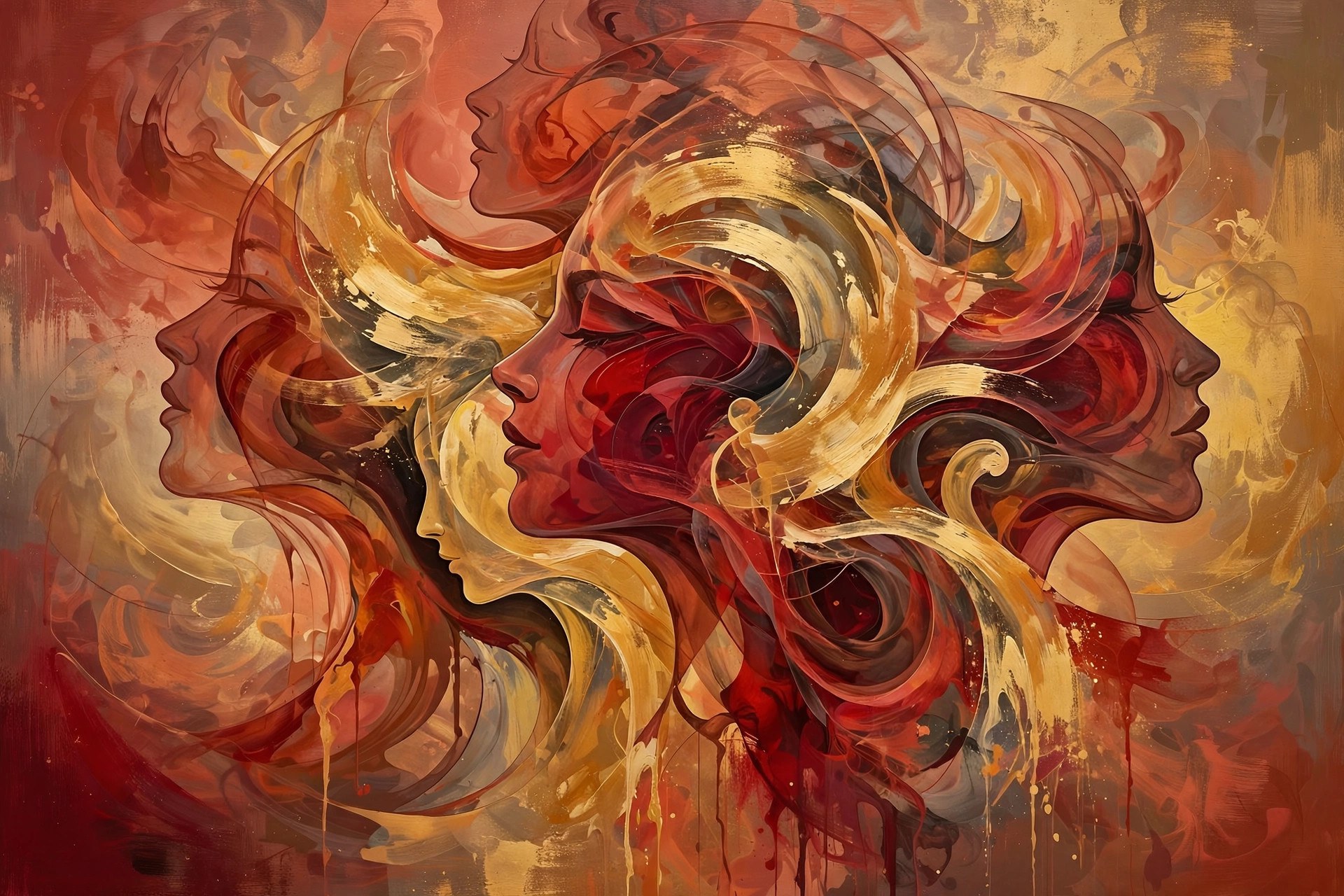 AI-generated abstract illustration of overlapping faces in warm tones — an evocation of portraits and muses, not a depiction of any real person