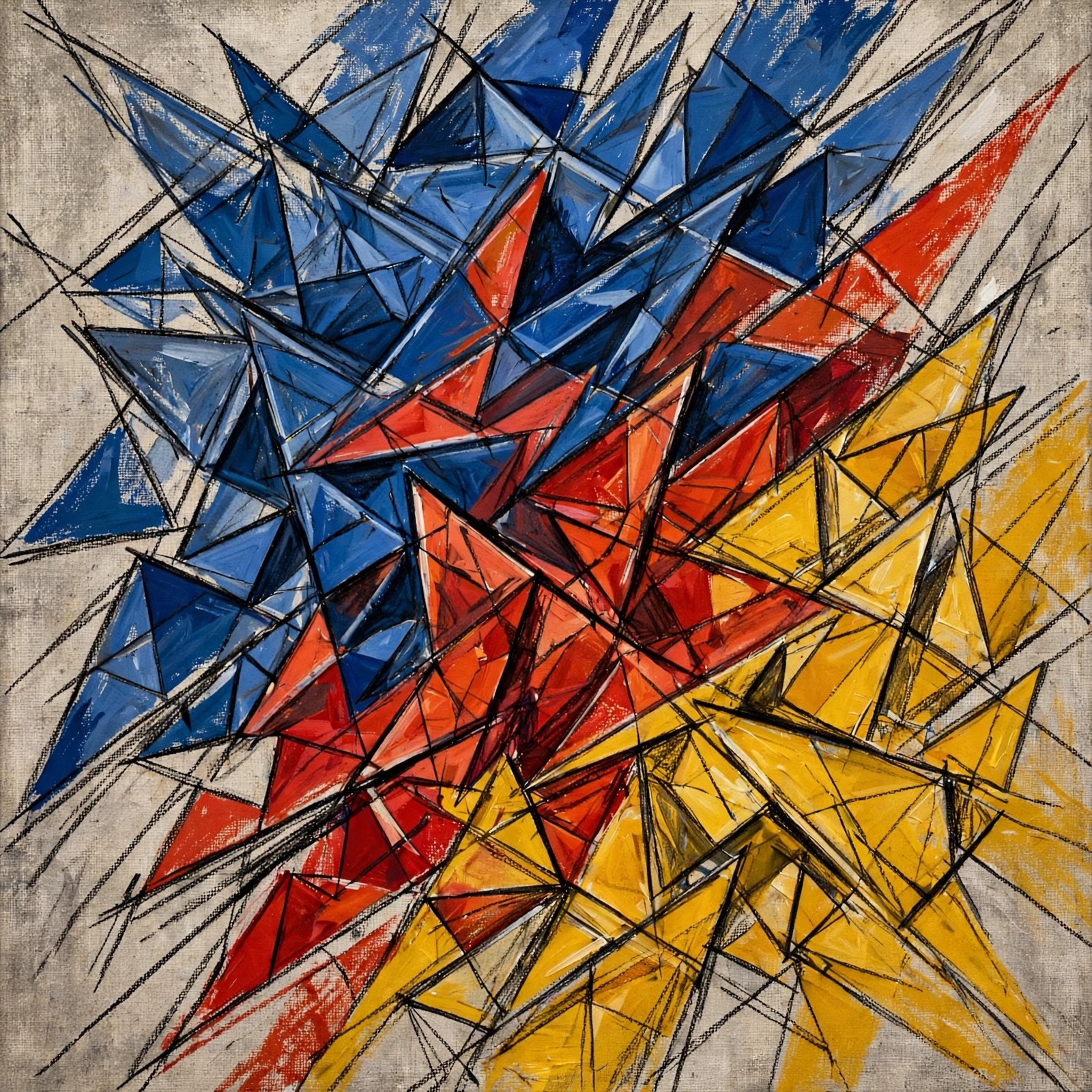 AI-generated abstract illustration of fractured geometric planes in primary colors — a cubist-inspired composition