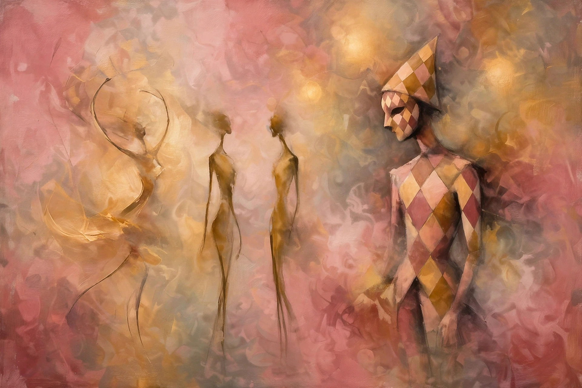 AI-generated abstract illustration in rose and ochre tones evoking the Rose Period — not a reproduction of any artwork