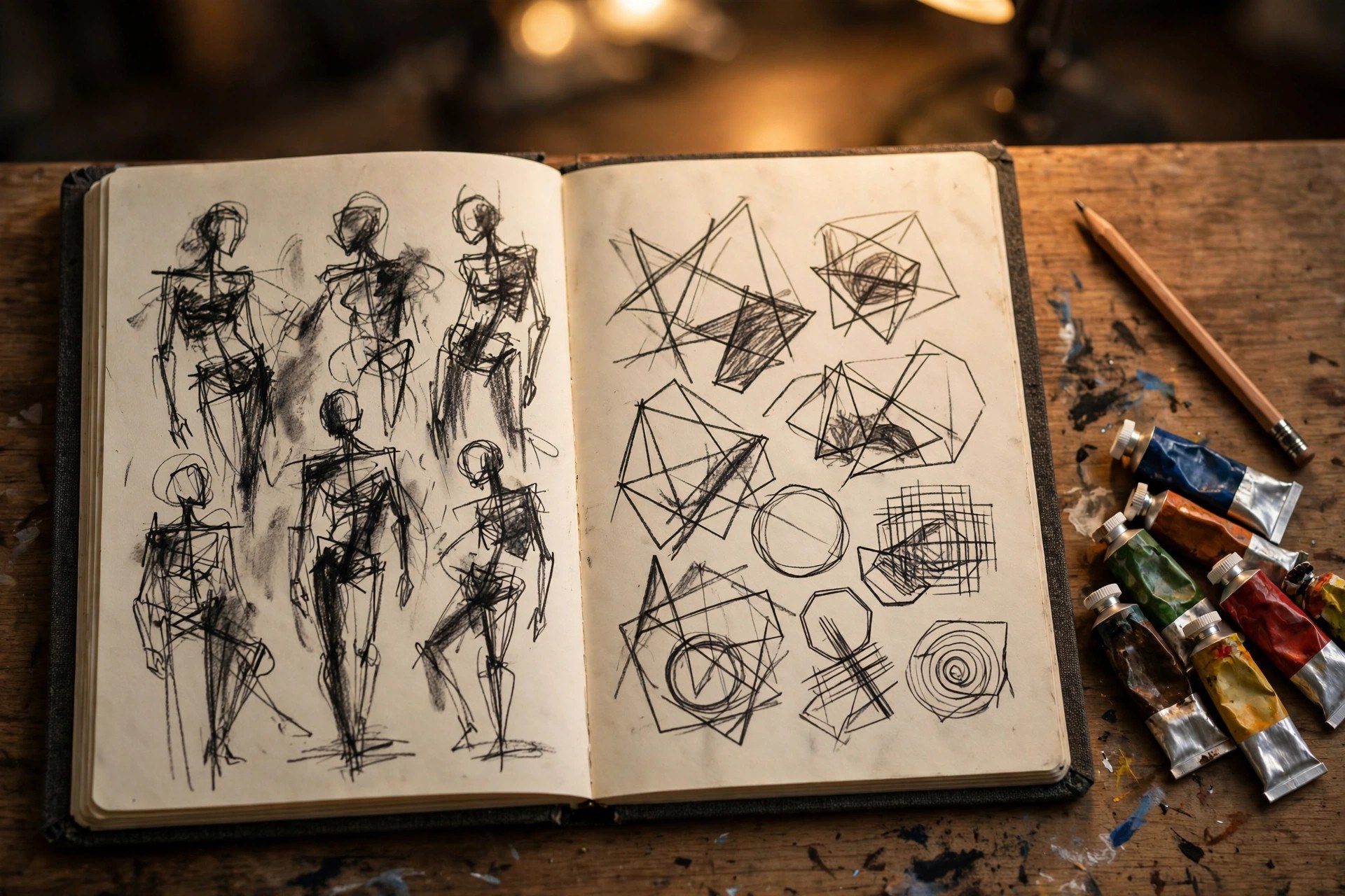 AI-generated abstract illustration of an open sketchbook with charcoal studies