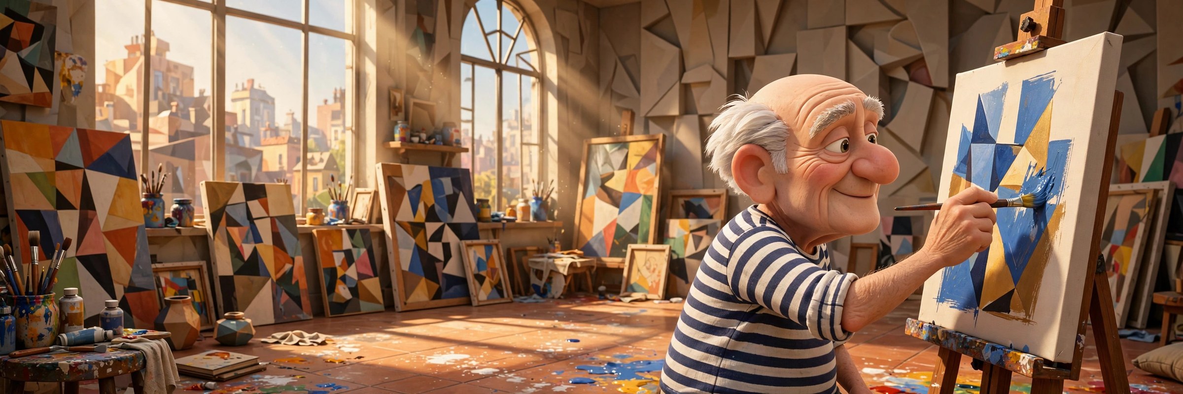 AI-generated illustration of the stream's animated Picasso character in the Vizlings character style, painting at an easel in a cubist studio