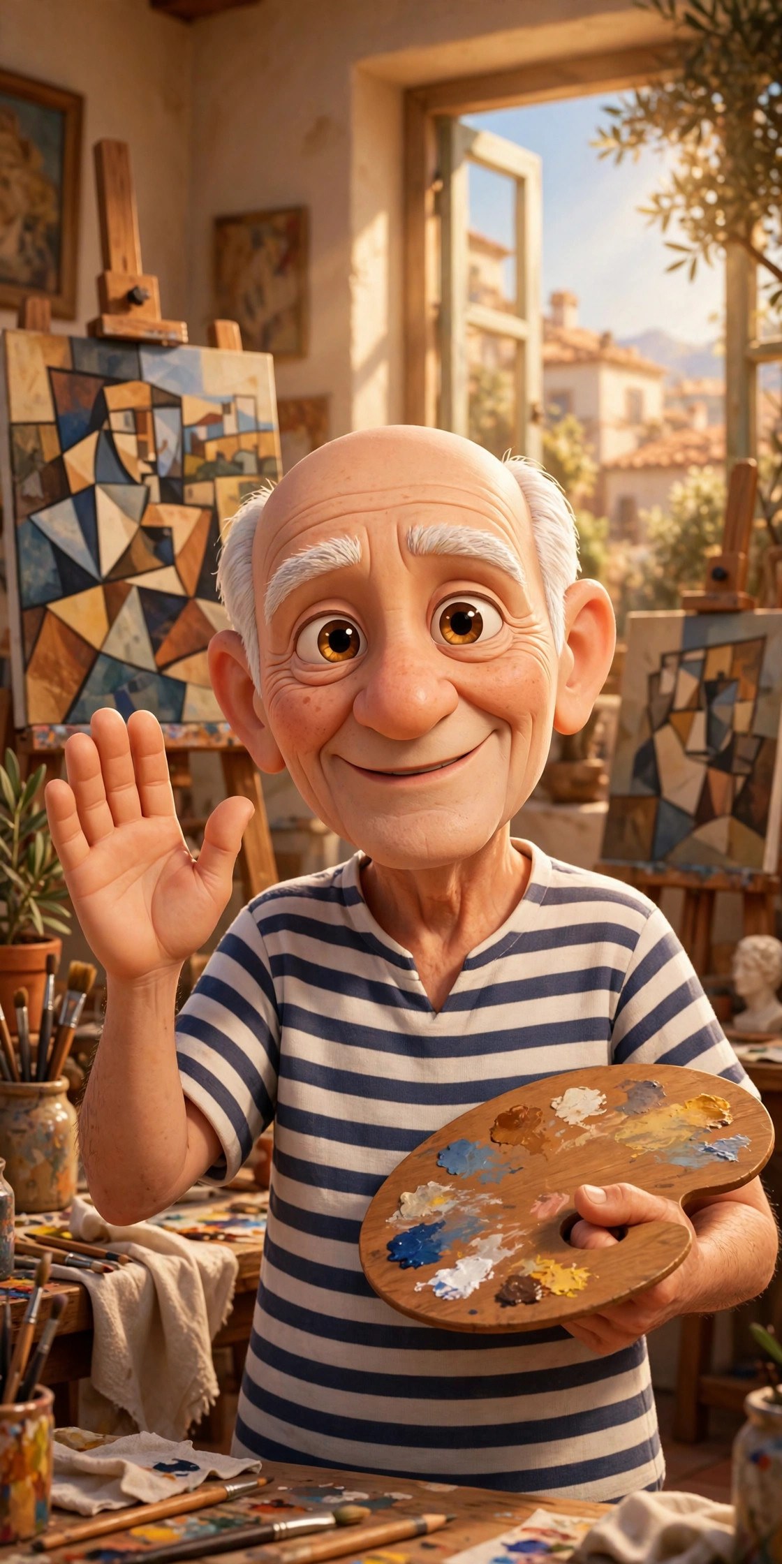AI-generated portrait of the animated Picasso character waving hello, in the Vizlings character style