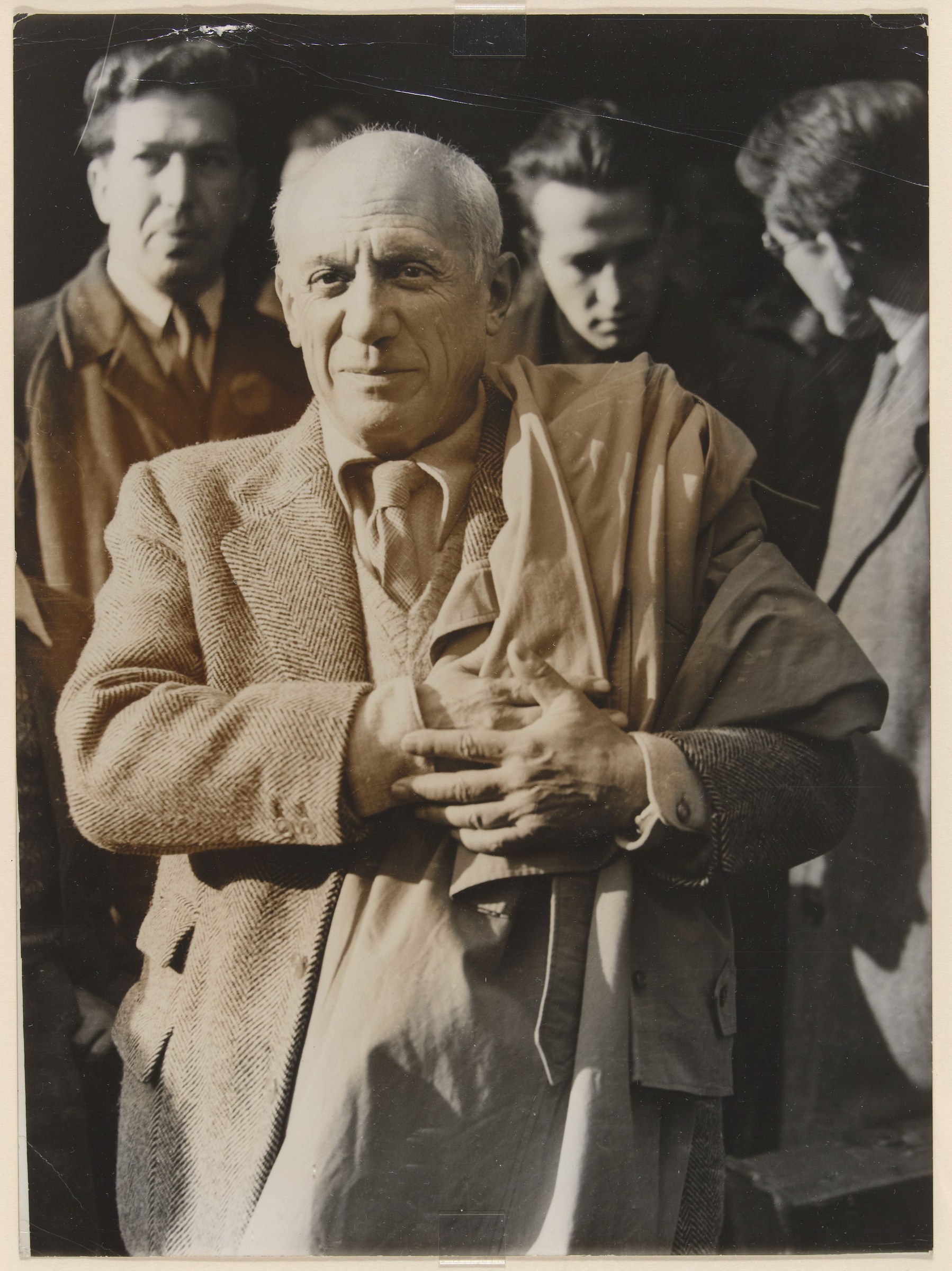 Pablo Picasso arriving at Victoria Station, London, 1950, for the communist peace conference in Sheffield