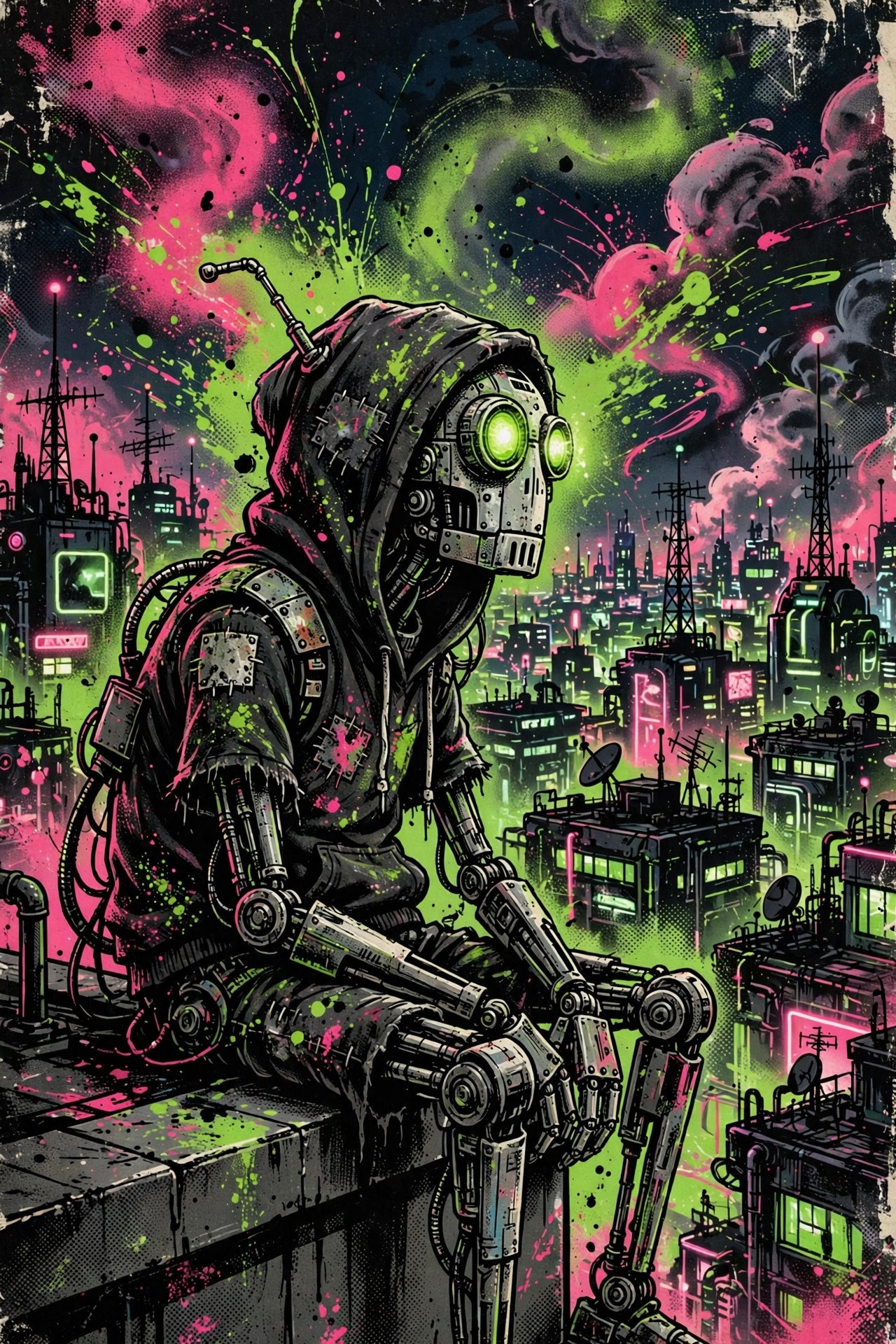 Patch on a rooftop at night overlooking a neon robot city