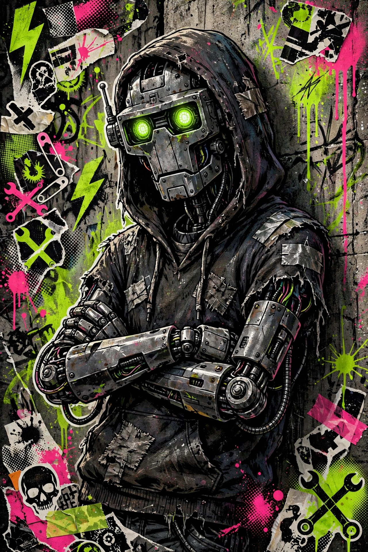 Patch, a wiry robot punk in a battered hoodie, leaning against a graffiti wall