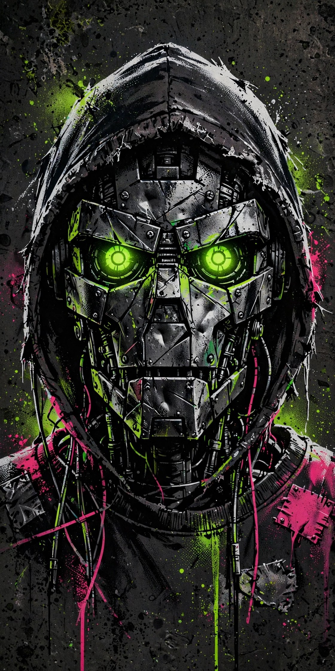 Stencil portrait of Patch with glowing green eyes
