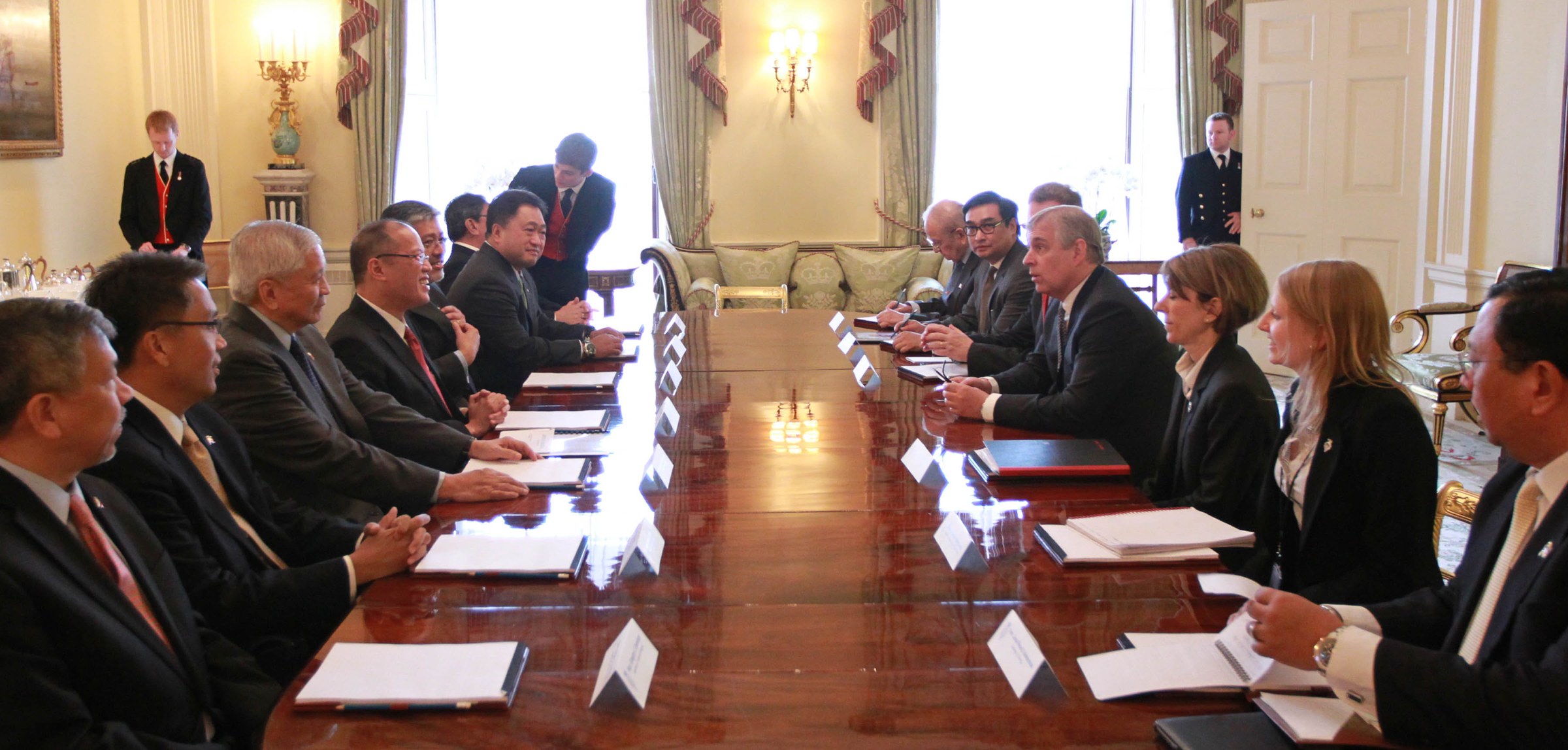 Philippine President Benigno Aquino III meets Prince Andrew, Duke of York, at Buckingham Palace