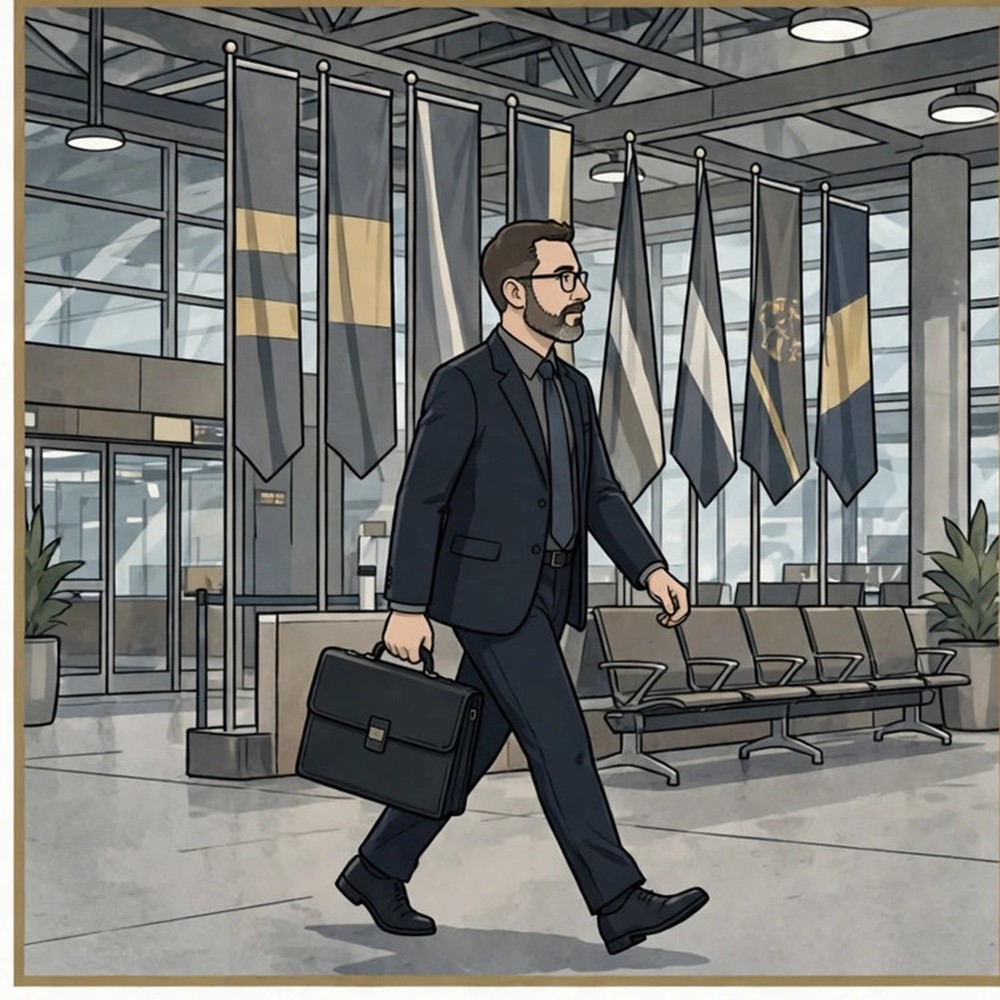 Stylized animated scene of a trade envoy at an airport with flags and briefcases, labeled as AI-generated dramatization