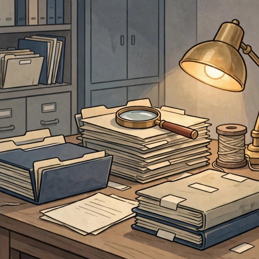 Stylized animated illustration of a magnifying glass over labeled documents, labeled as AI-generated dramatization