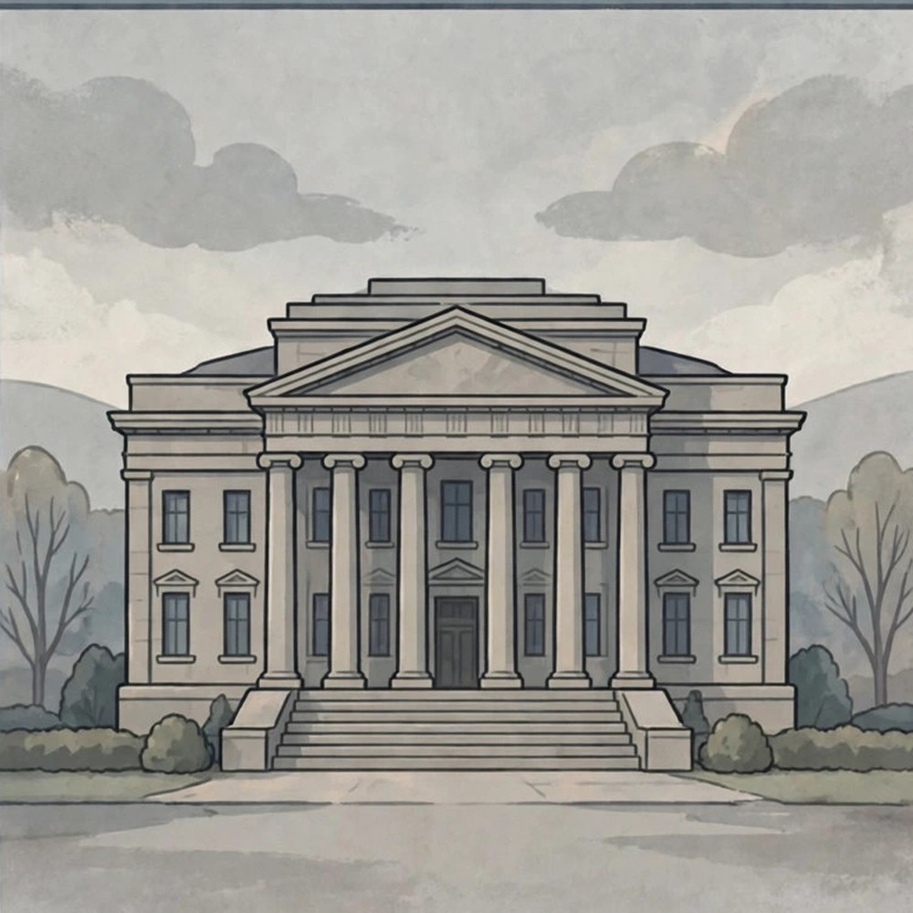 Stylized animated illustration of a courthouse under a grey sky, labeled as AI-generated dramatization