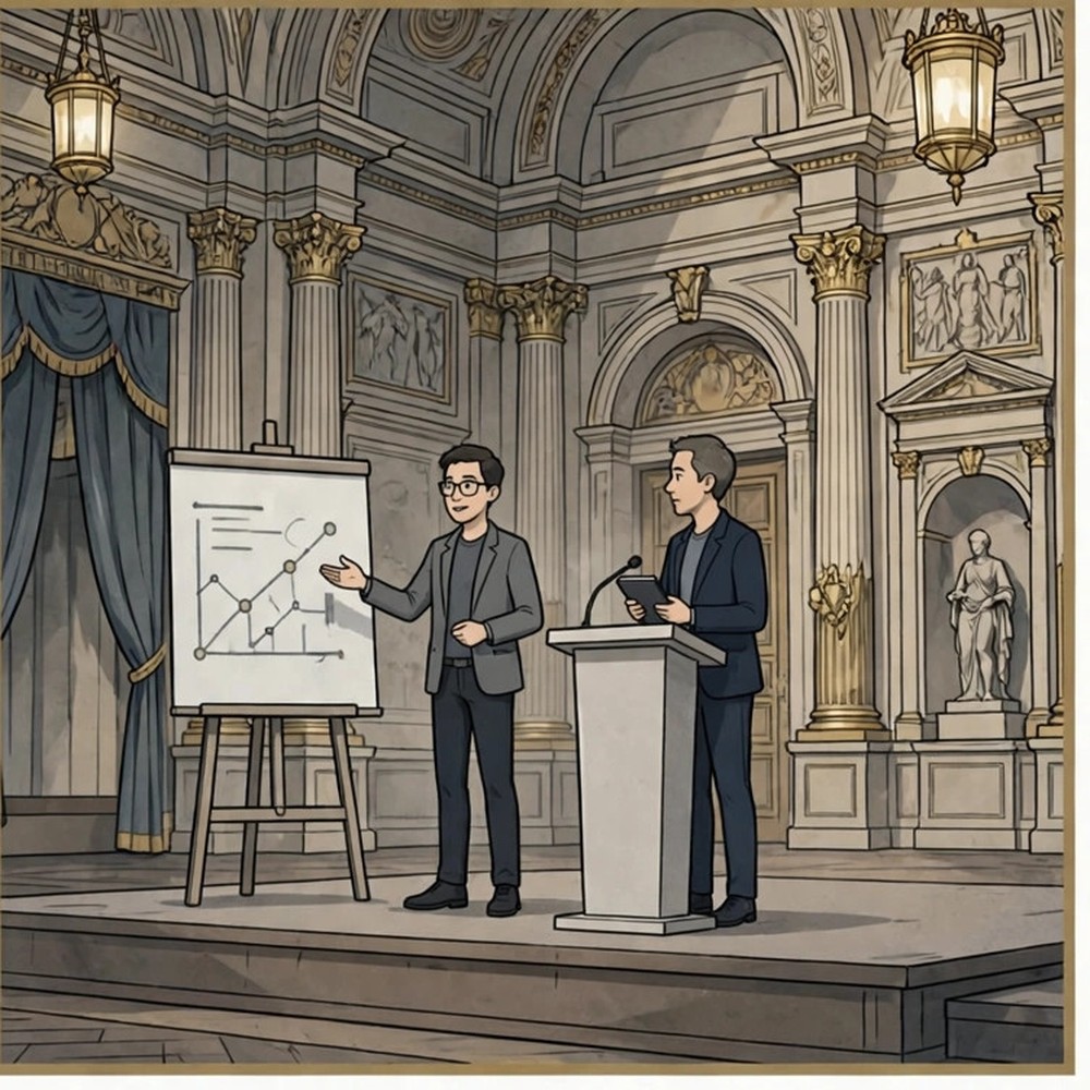 Stylized animated scene of entrepreneurs pitching at a grand palace hall, labeled as AI-generated dramatization
