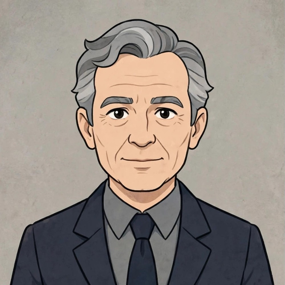 Stylized animated formal portrait of the Prince Andrew character in a dark suit, labeled as AI-generated dramatization