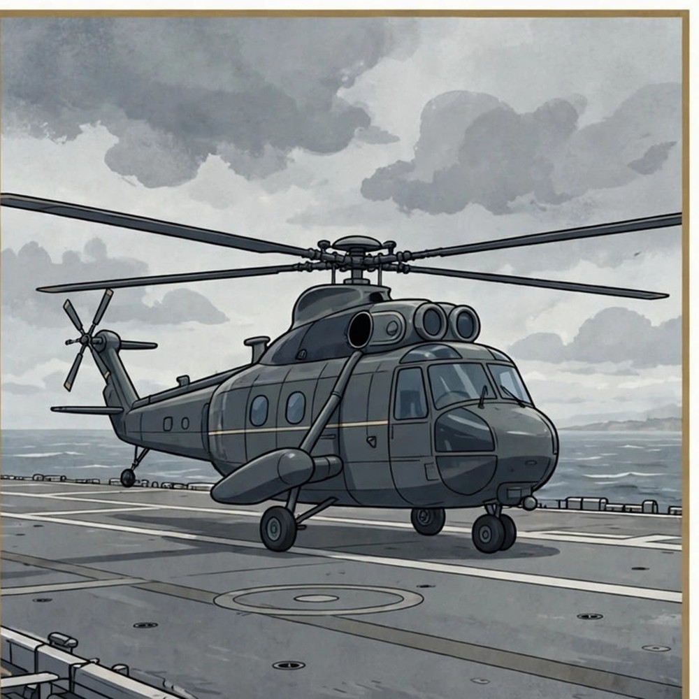 Stylized animated scene of a Sea King helicopter on a carrier flight deck at sea, labeled as AI-generated dramatization