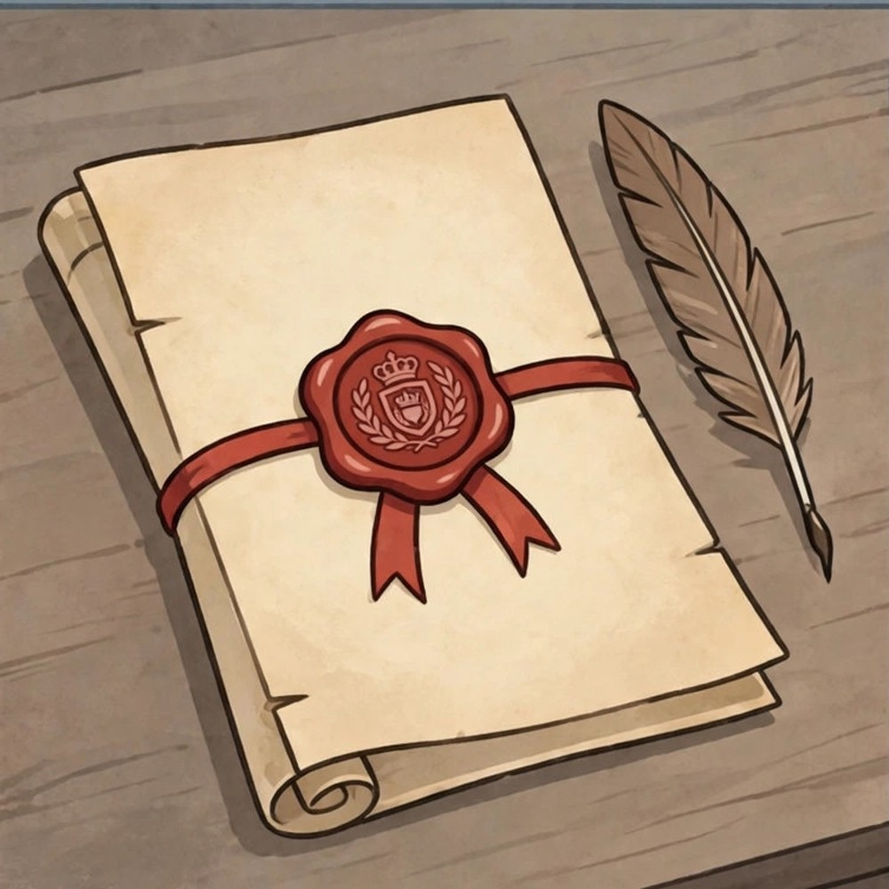 Stylized animated illustration of a royal document with a seal, labeled as AI-generated dramatization