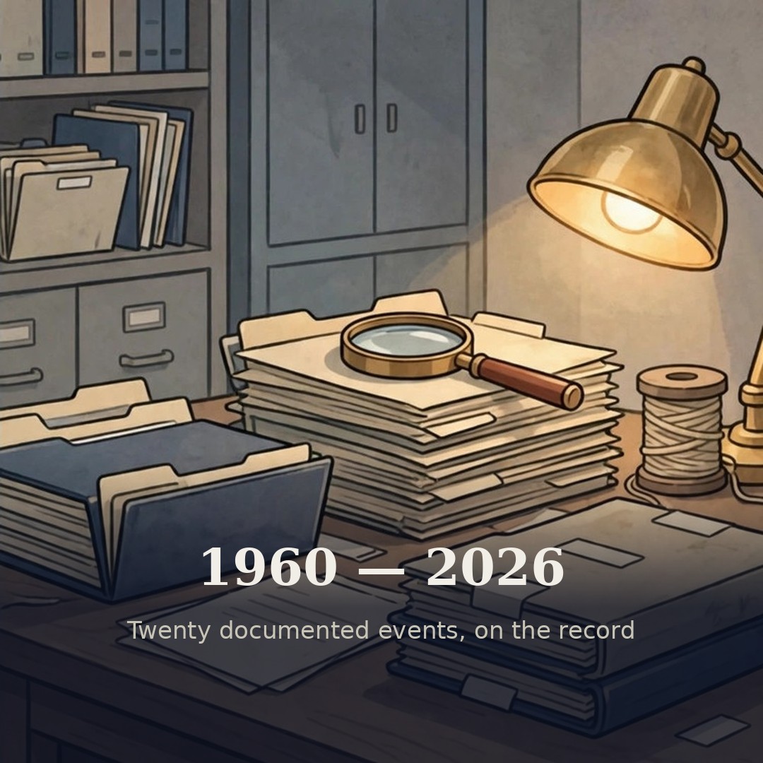 Stylized animated timeline illustration with archive documents and a desk lamp, labeled as AI-generated dramatization