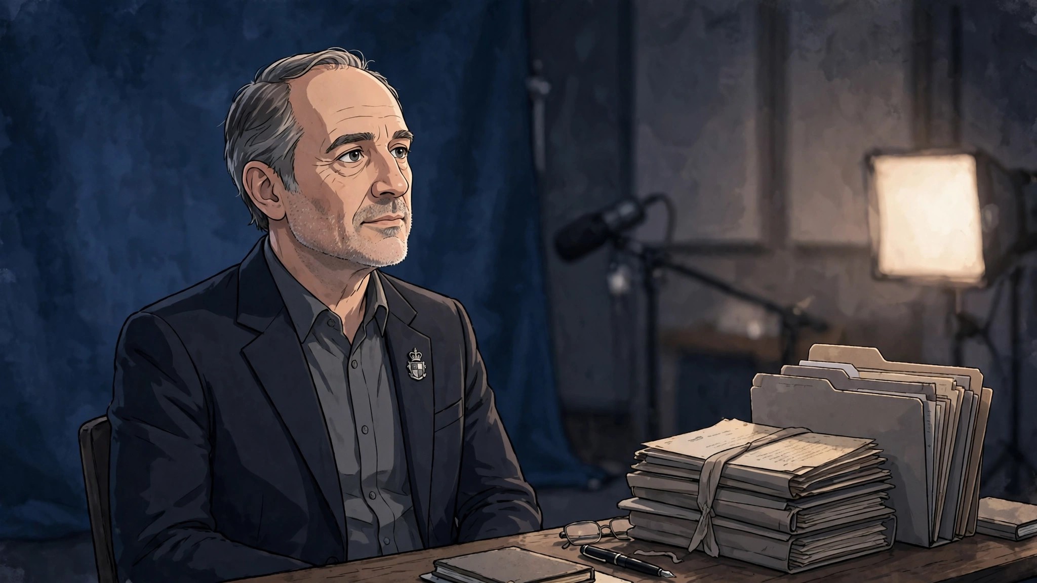 AI-generated illustration of the stream's animated character in a restrained, dignified style