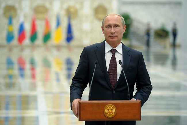Photograph of Vladimir Putin at a press conference in Minsk, 26 August 2014