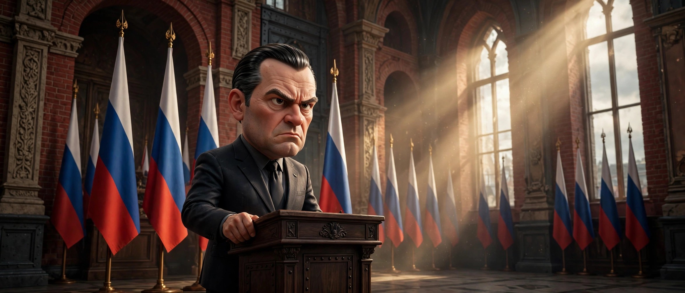 Wide AI-generated illustration of the stream's animated Putin caricature character in a Kremlin archive office