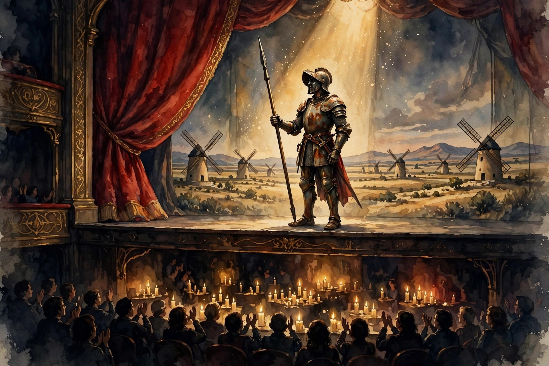 A stage scene of Don Quixote performed under theatrical lights