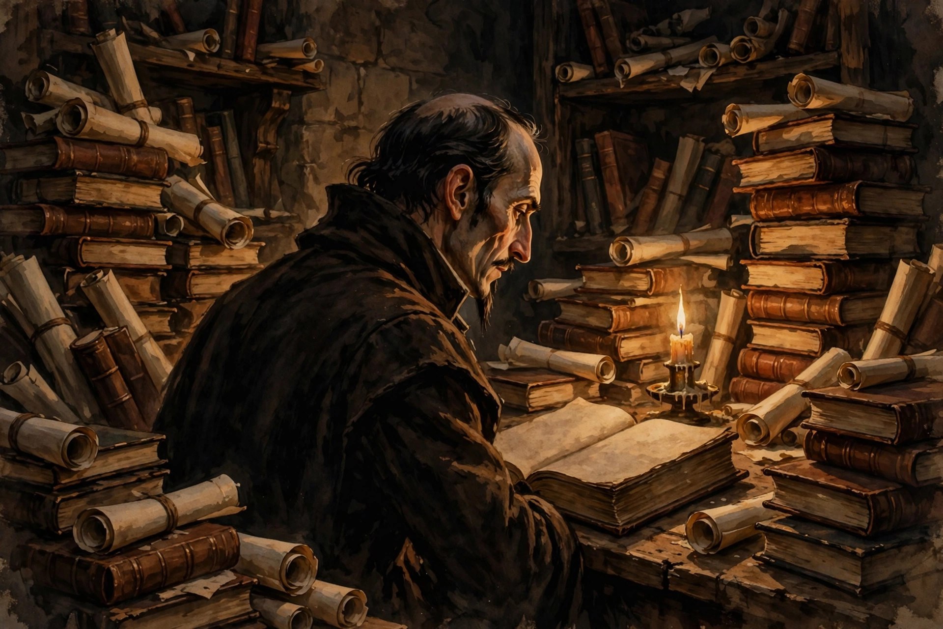 A reader verifying texts by candlelight
