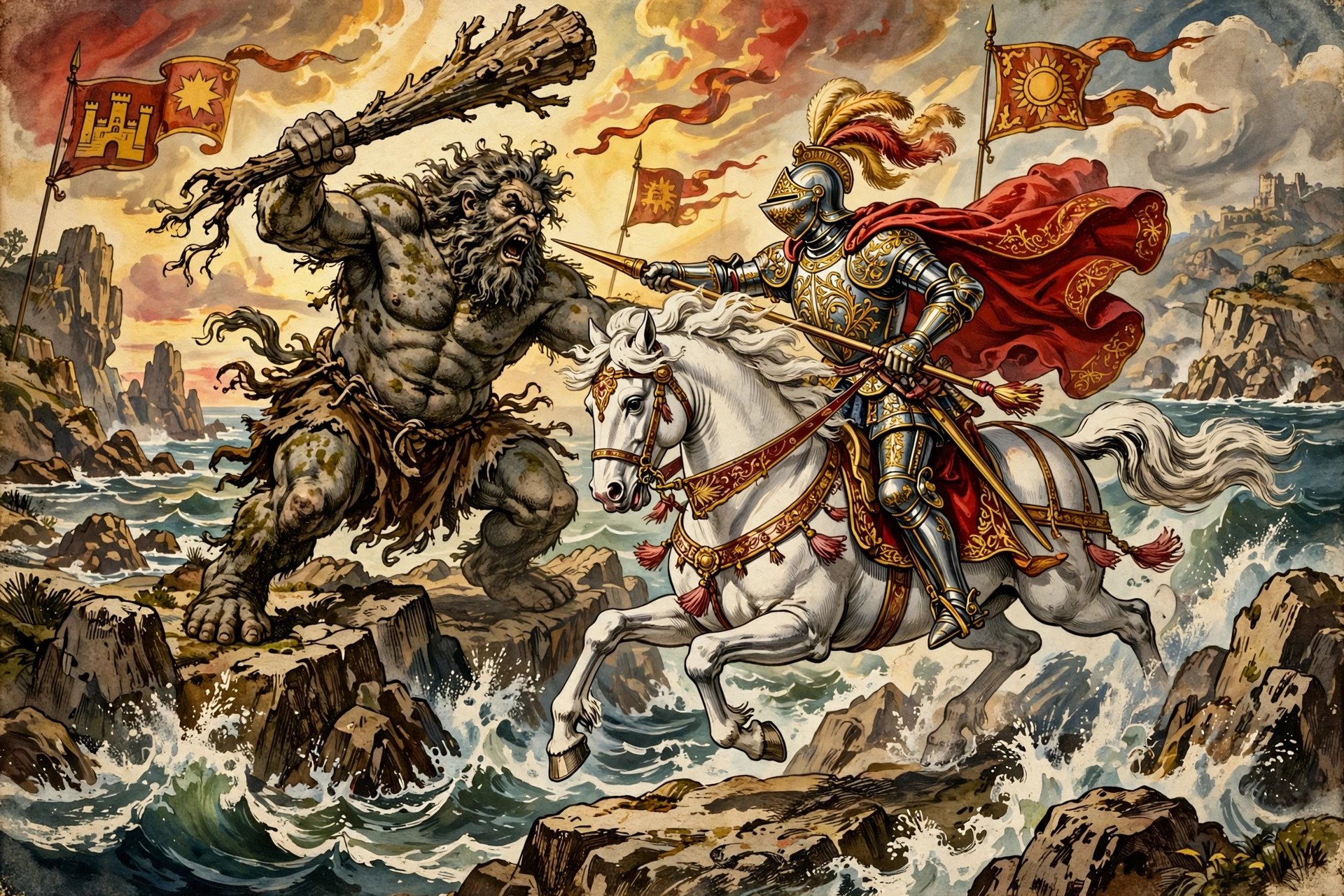 A knight of romance in the style of Amadis of Gaul facing a giant