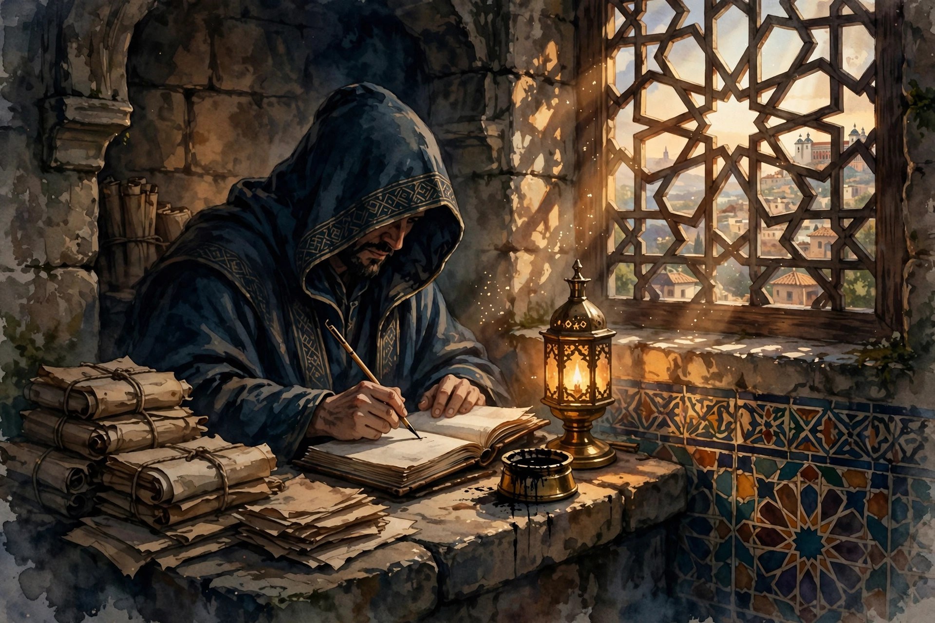 A scribe writing an Arabic manuscript by lamplight