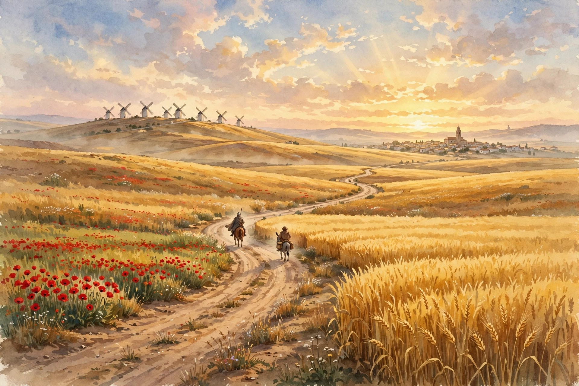 A dusty road winding through the plains of La Mancha at golden hour