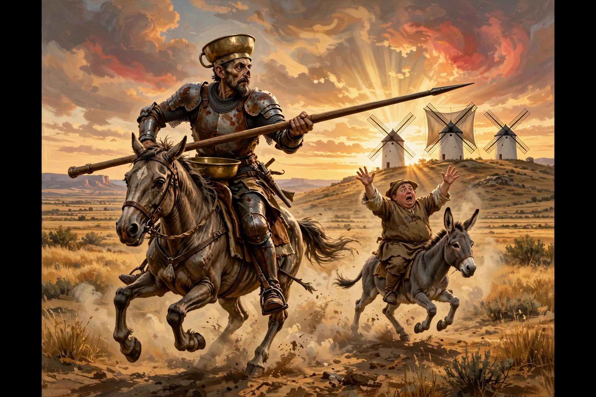 Don Quixote charging the windmills of La Mancha at sunset, lance couched