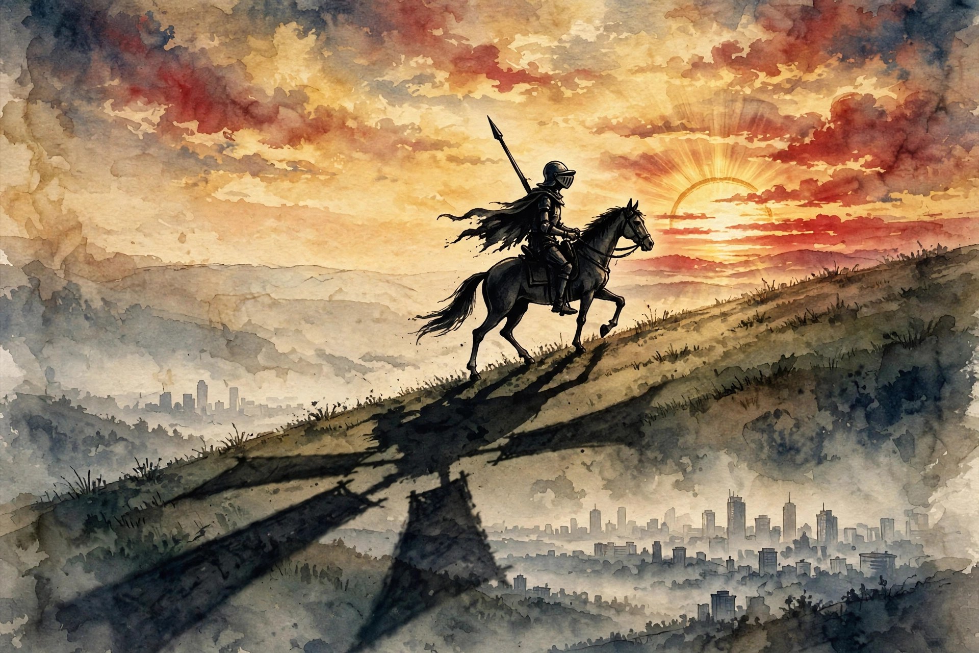 Don Quixote and Sancho riding toward a rising sun over La Mancha
