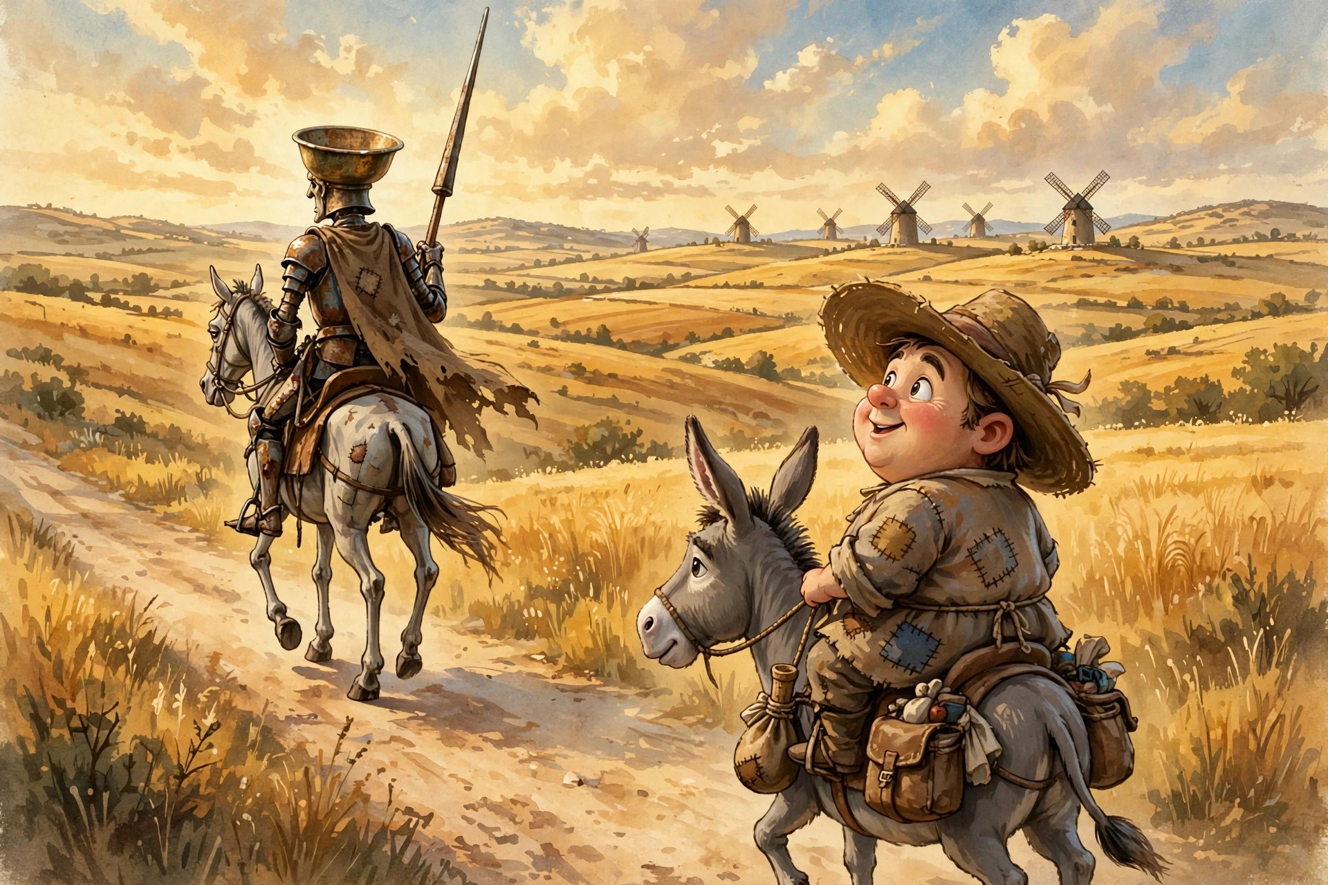Sancho Panza riding Dapple the donkey beside his master