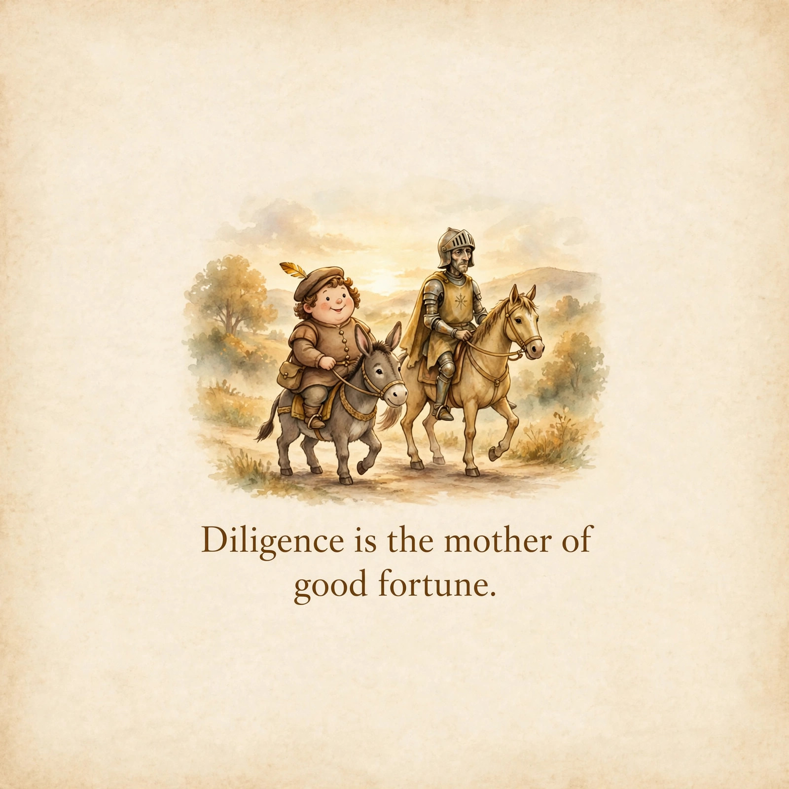 Don Quixote and Sancho Panza riding side by side at dawn, with the quote "Diligence is the mother of good fortune."