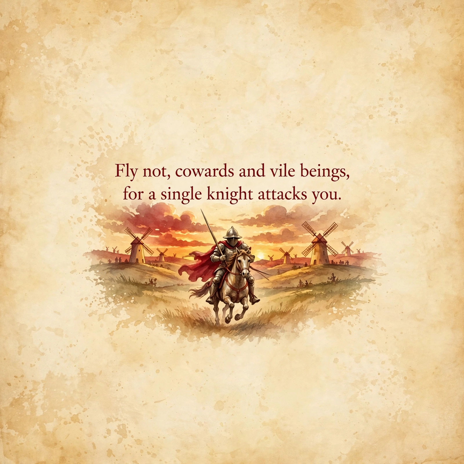 Don Quixote charging the windmills at sunset, with the quote "Fly not, cowards and vile beings, for a single knight attacks you."