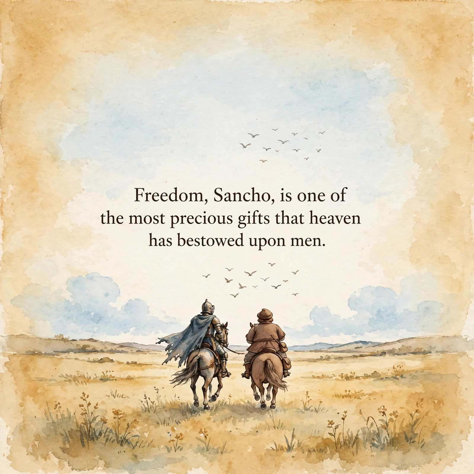 Don Quixote at sunset with the quote on freedom from Part II, chapter 58.
