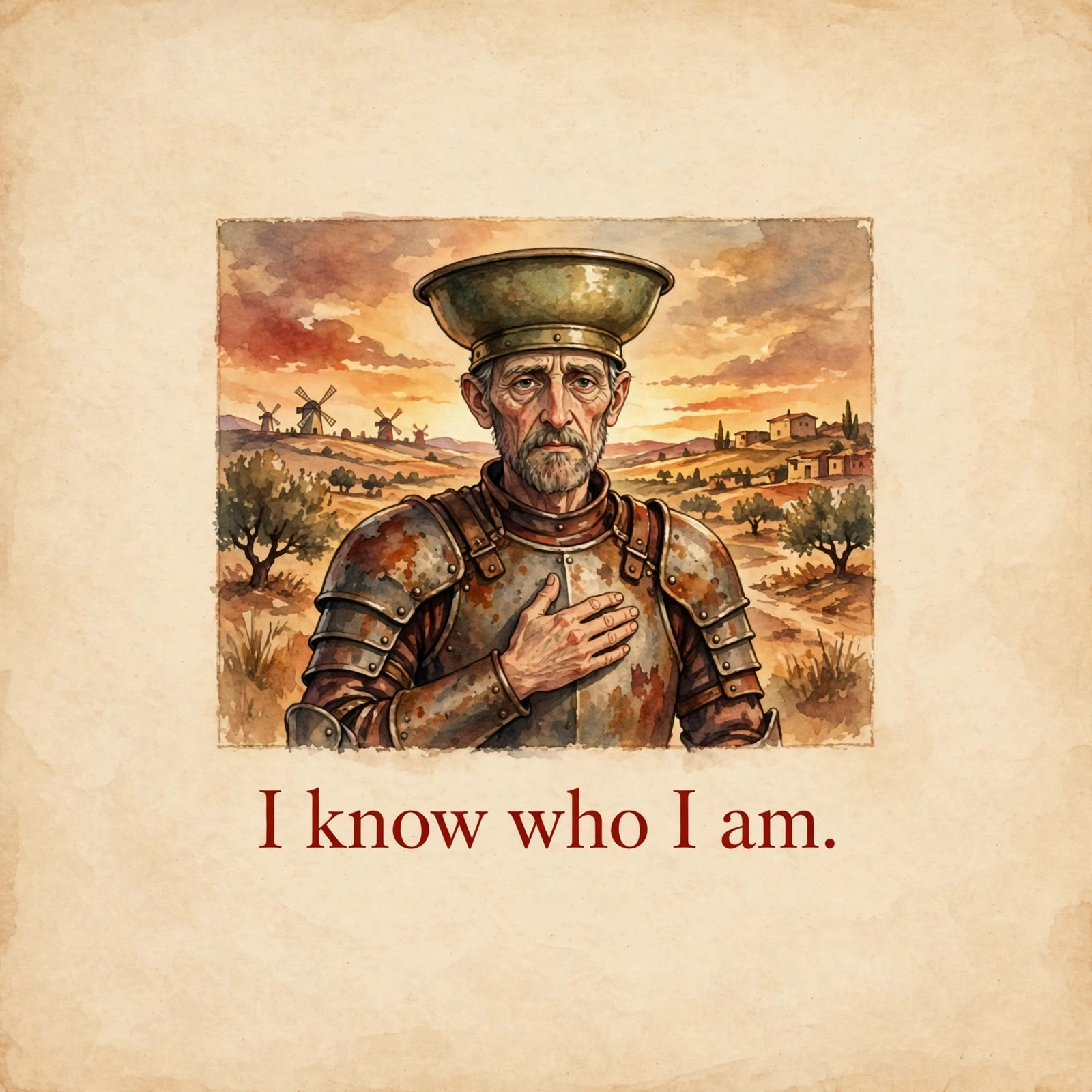 Don Quixote portrait card with the quote "I know who I am."